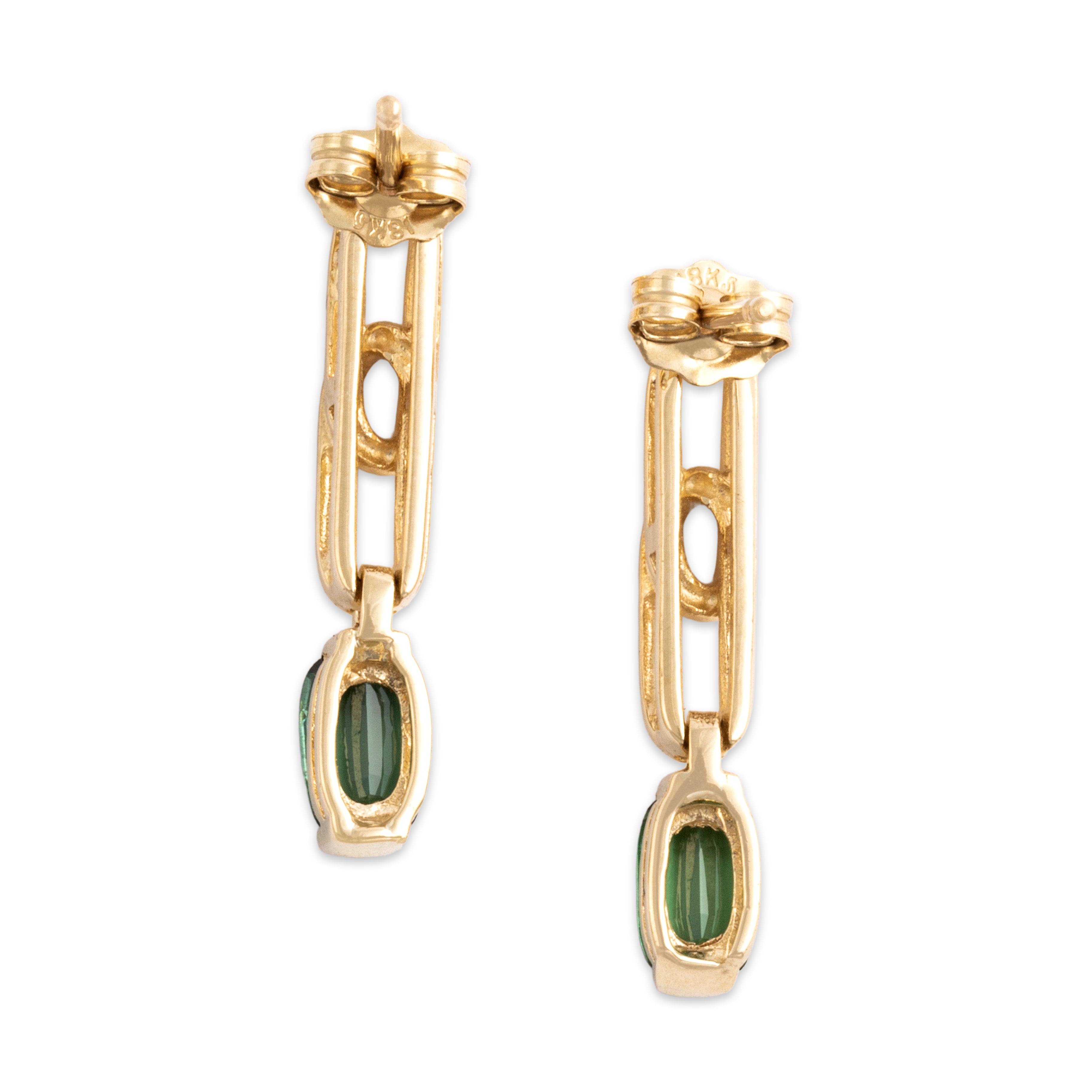 Estate 18k Yellow Gold .76cttw Mint Tourmaline Chic Oval Link Partial Bezel Dangle Earrings - Back view