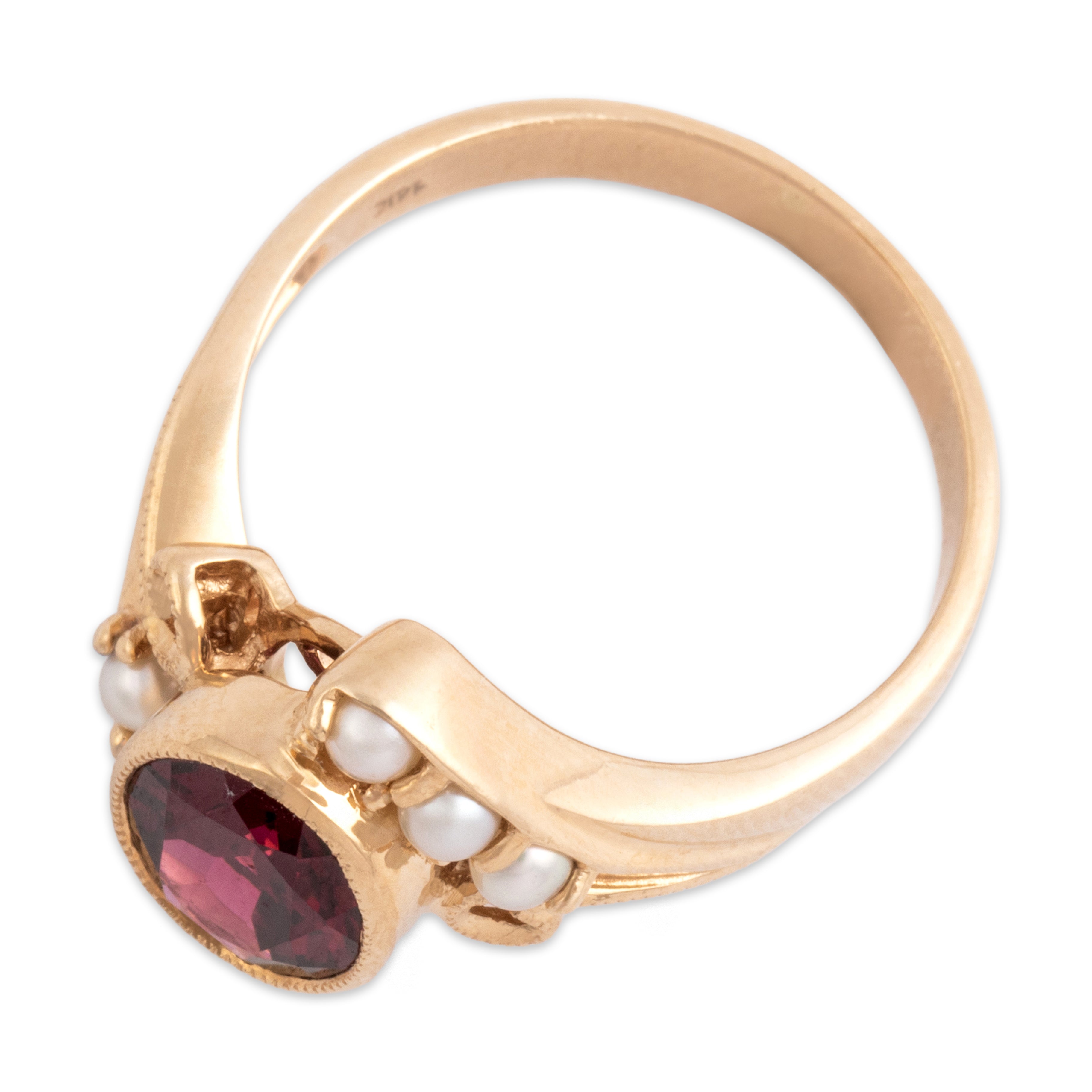 Vintage 14k Yellow Gold Pearl 2.11ct Dark Pink Garnet Ornate Milgrain Bypass Ring - Overall view
