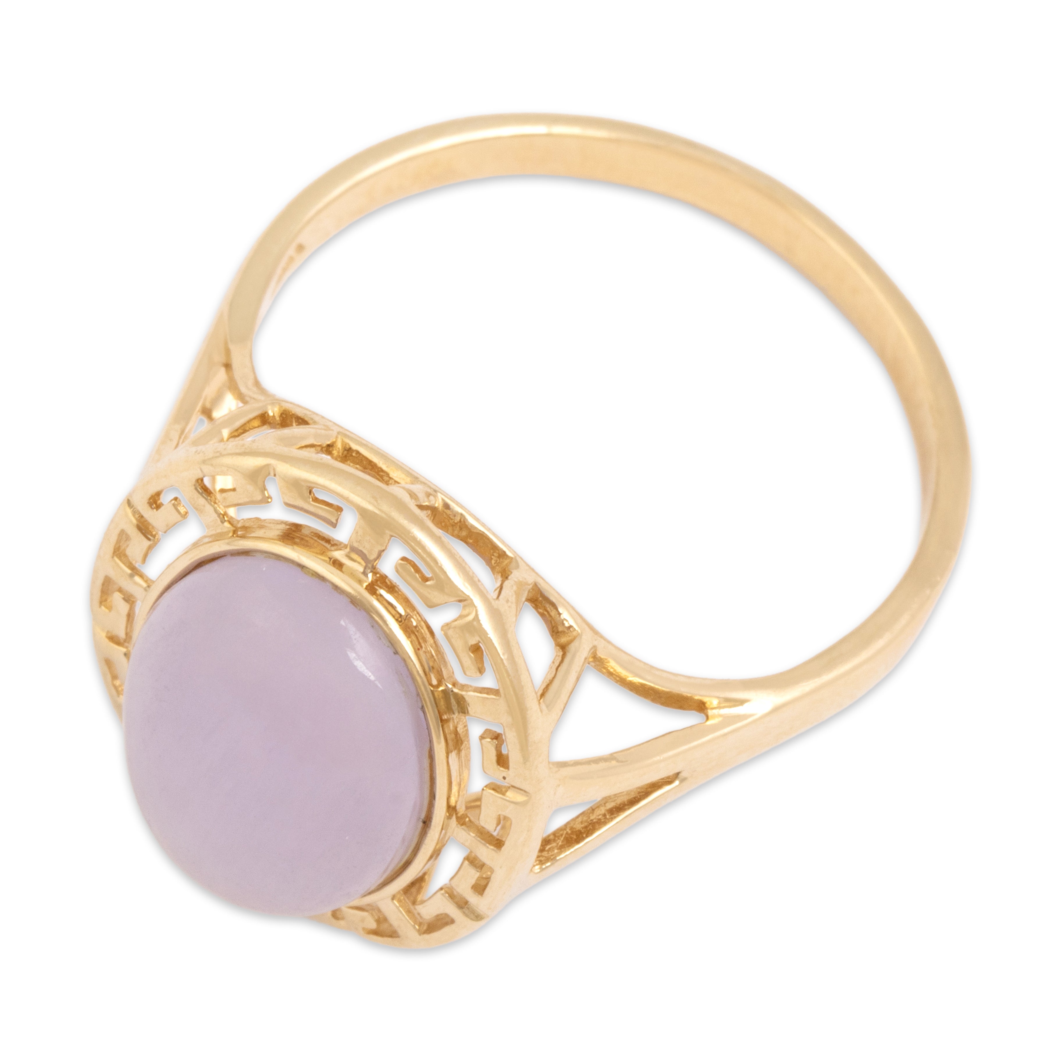 Vintage 14k Yellow Gold 4.73ct Lavender Jade Gleaming Greek Key Cabochon Ring - Overall view