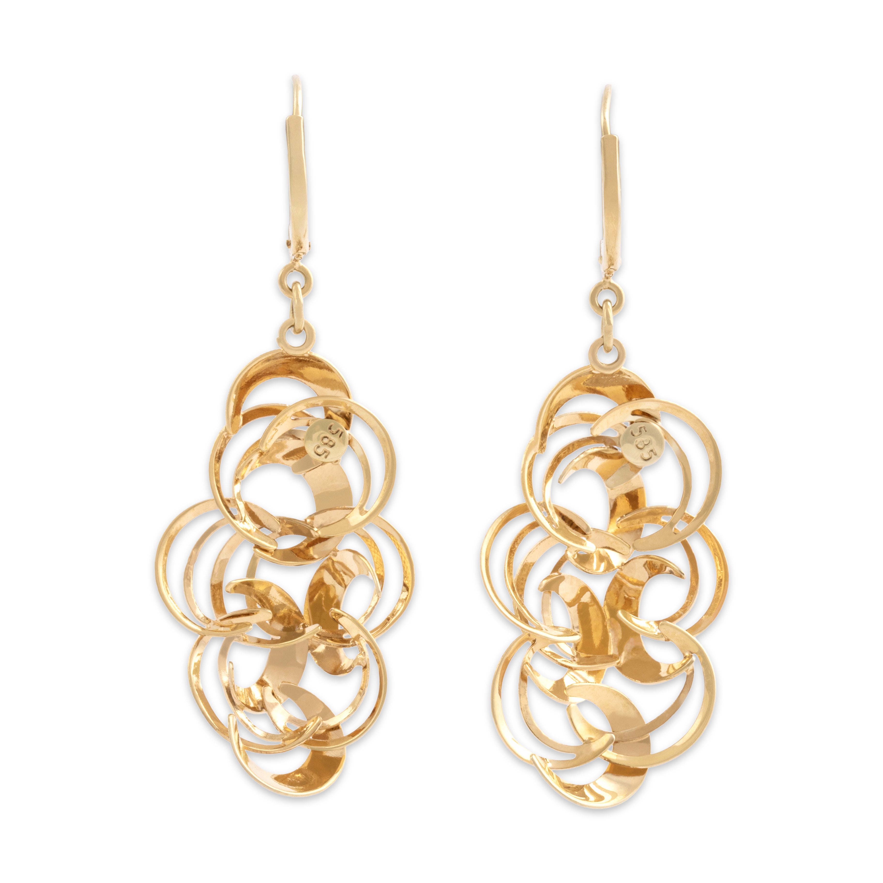 Vintage 14k Yellow Gold Artistic Crescent Cluster Dangle Earrings - Back view