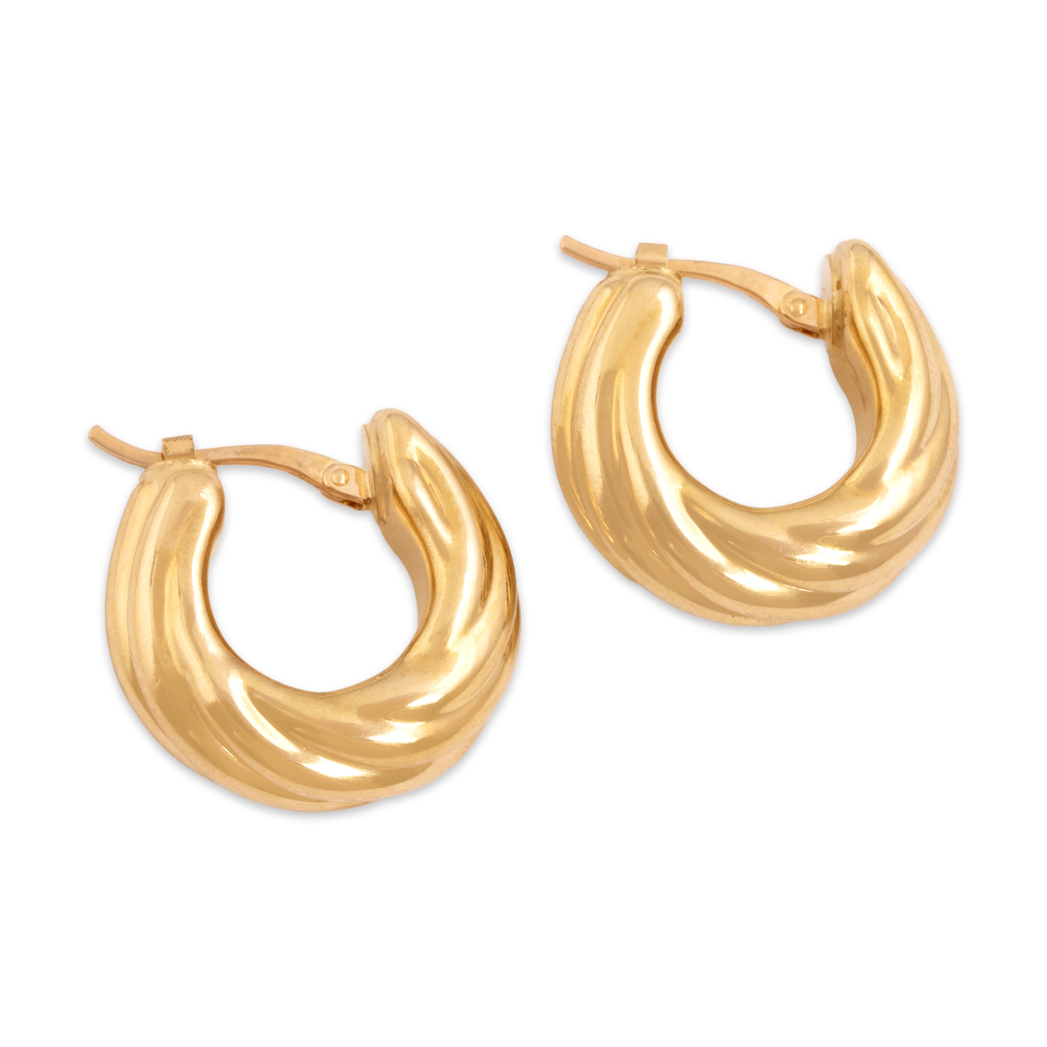 Vintage French Small 18k Yellow Gold Chic Chunky Swirl Hoop Earrings - Overall view