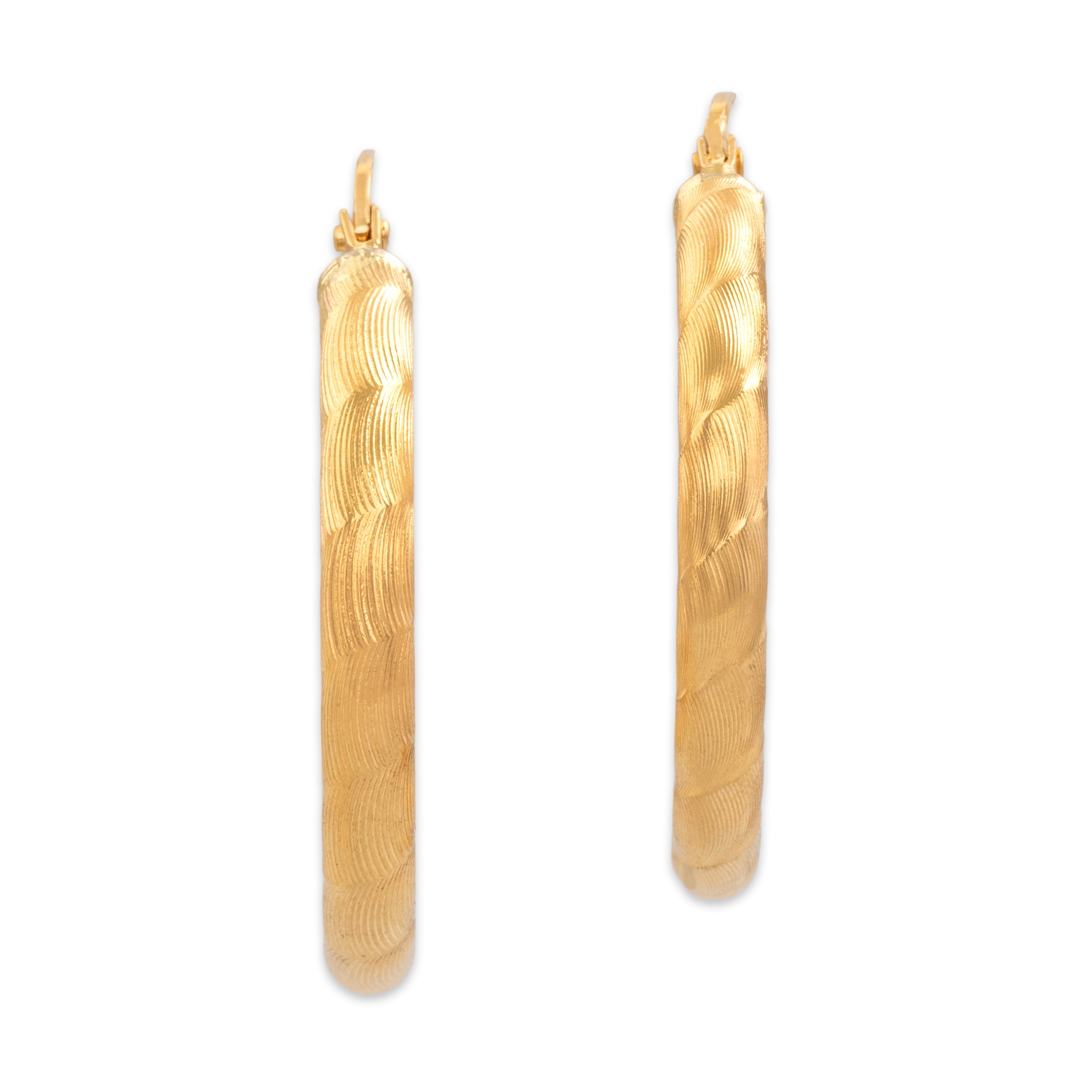 Vintage Italian 18k Yellow Gold Gleaming Swooped Textured Hoop Earrings - Overall view