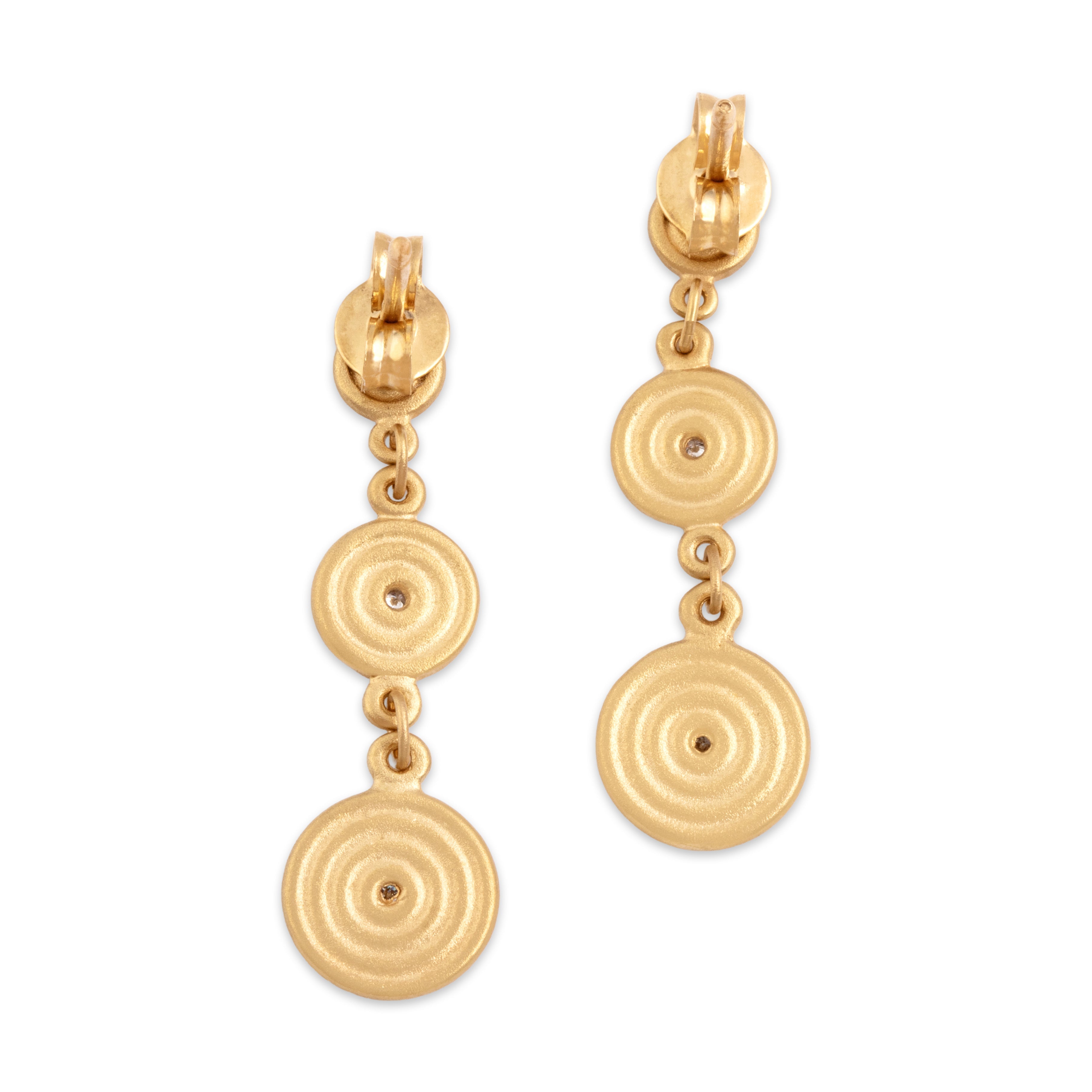 Estate 18k Yellow Gold Diamond Chic Brushed Sparkling Circle Dangle Earrings - Back view
