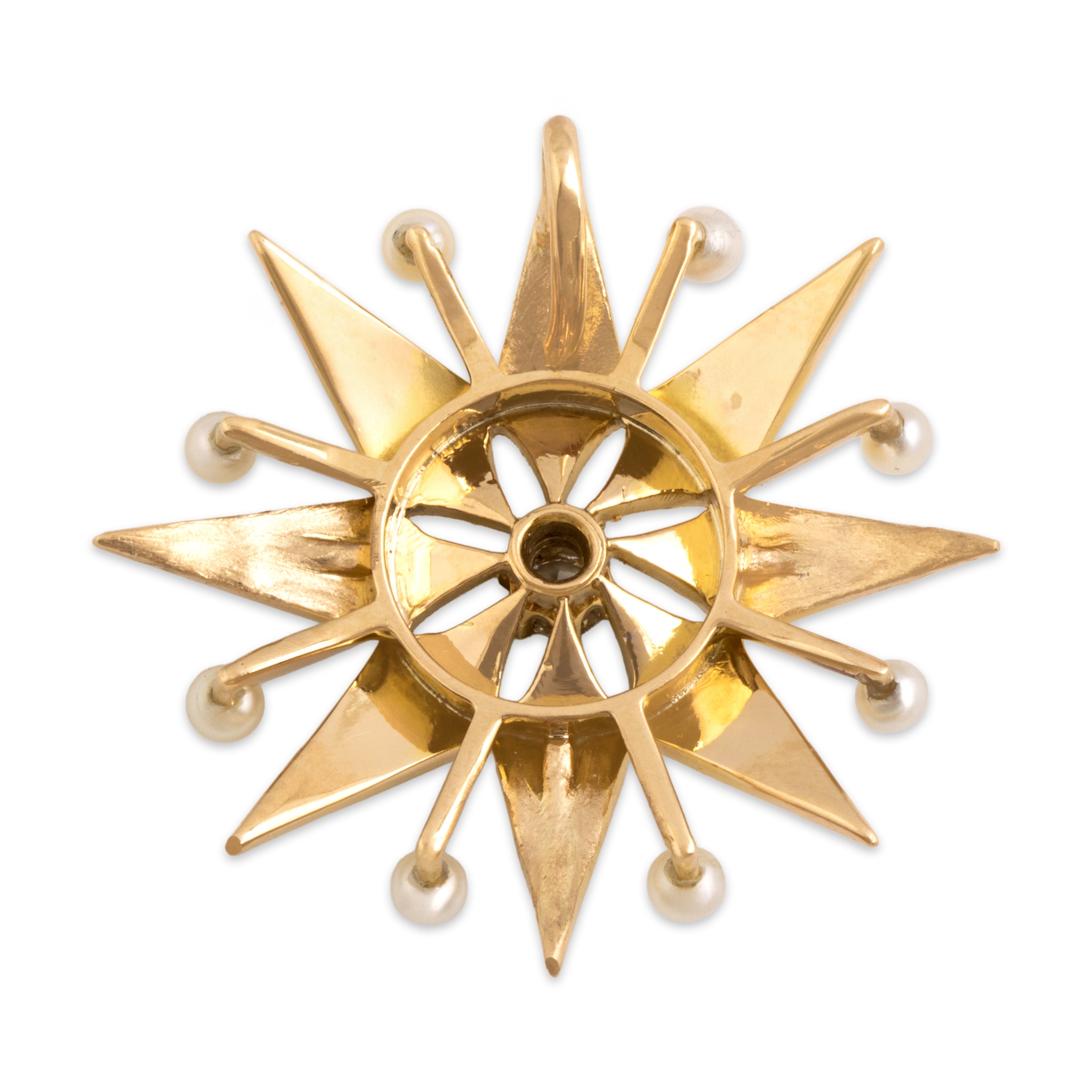 Antique Victorian 14k Yellow Gold Old Mine Cut Diamond Pearl Luminous Celestial Star Slide Pendant - Back view