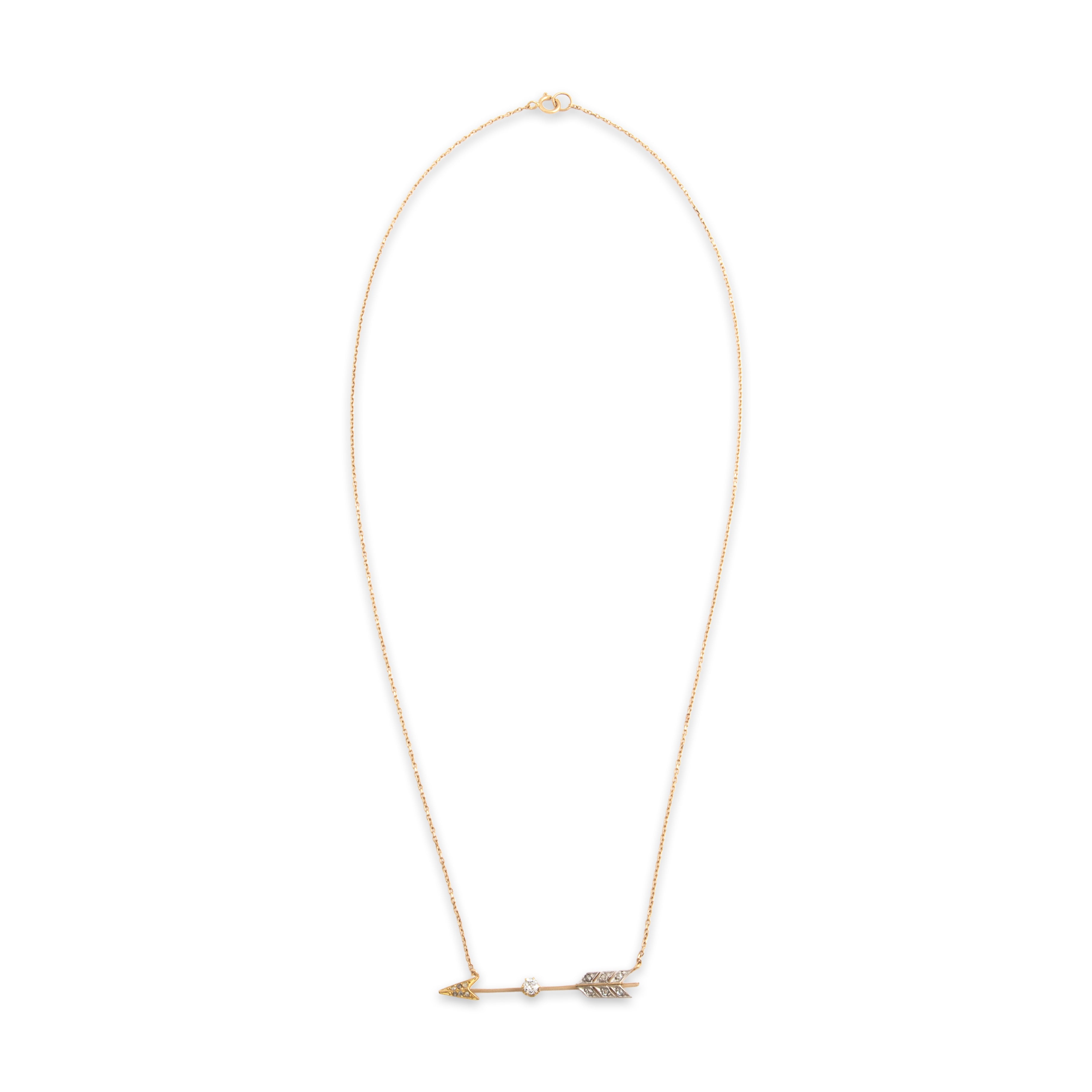 Antique 14k & 18k Yellow Gold Old Mine Cut Diamond Sparkling Flying Arrow Necklace - Overall view