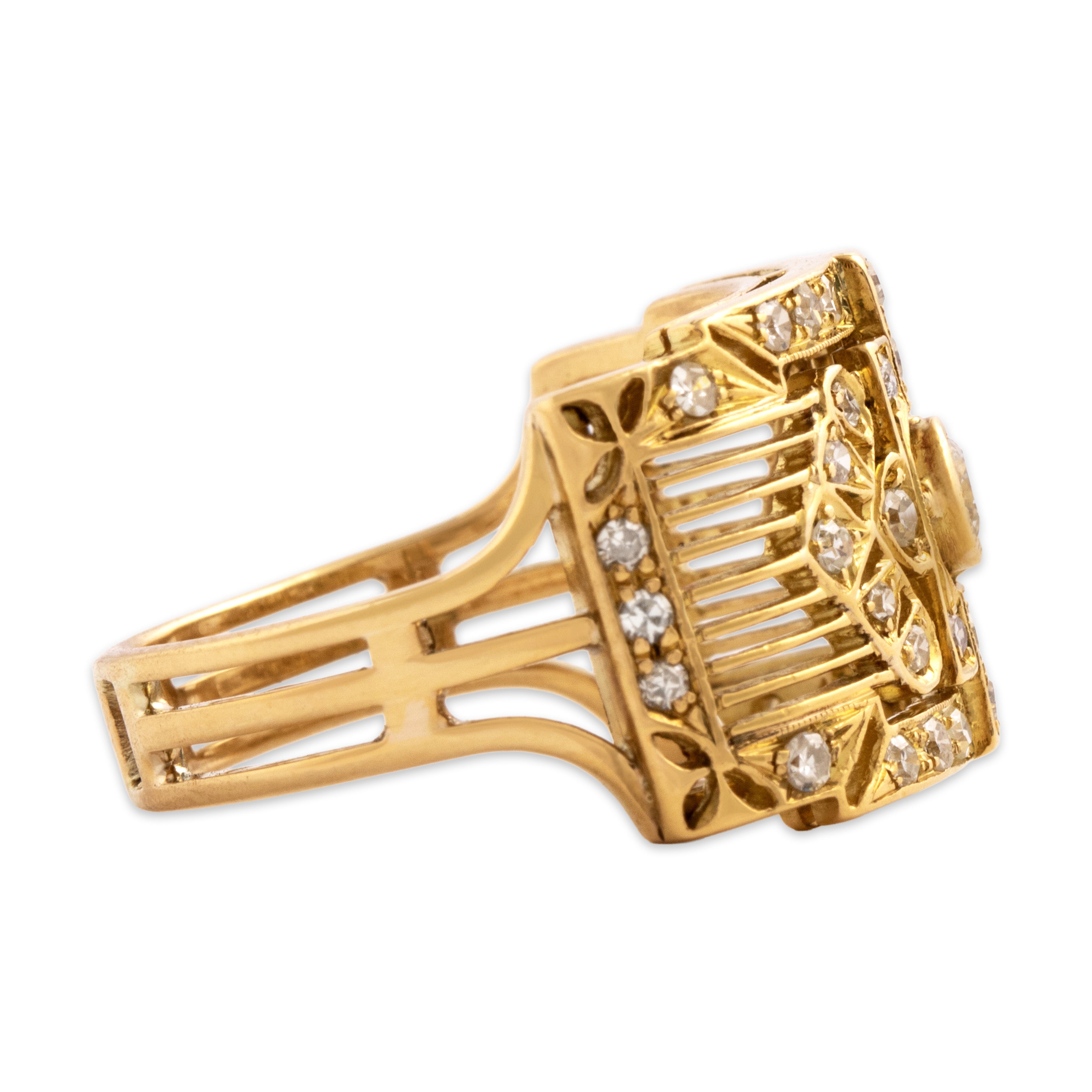 Vintage 18k Yellow Gold .52cttw Diamond Ornate Wide Geometric Ring - Side view