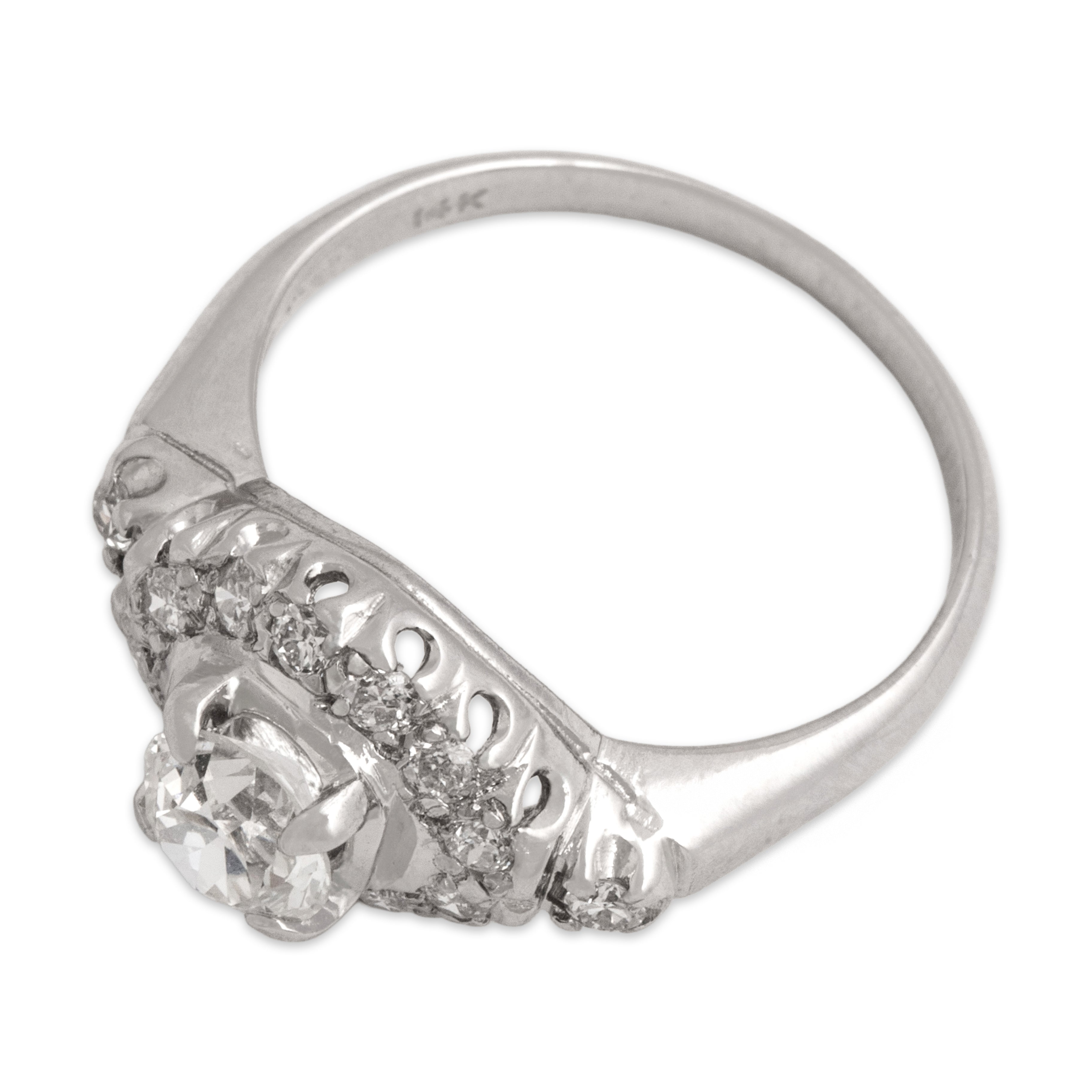 Vintage 14k White Gold .84cttw Old European Cut Diamond Beautiful Ruffled Accented Halo Ring - Overall view