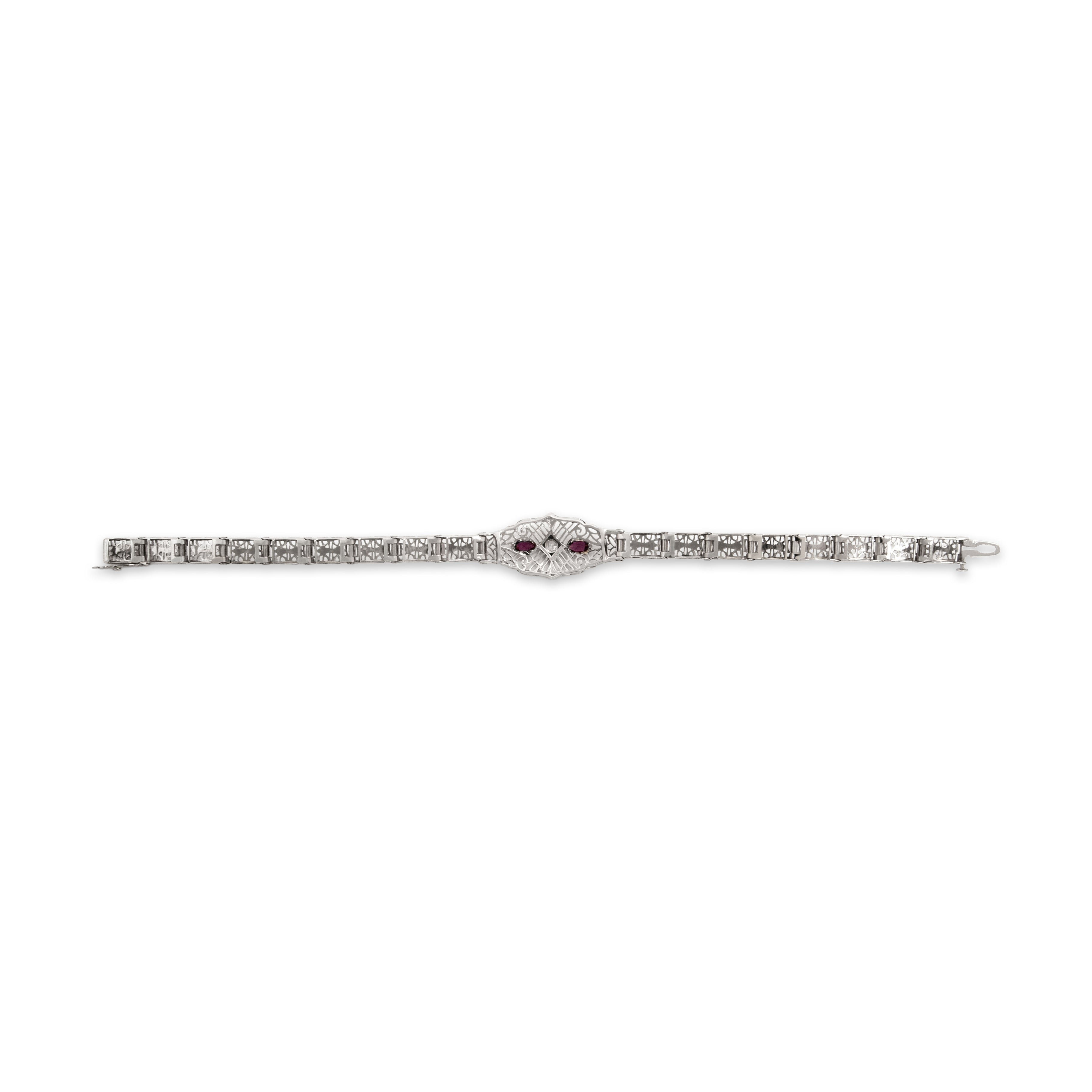 Antique Art Deco 14k White Gold Diamond Purple Glass Stunning Openwork Bracelet - Back view