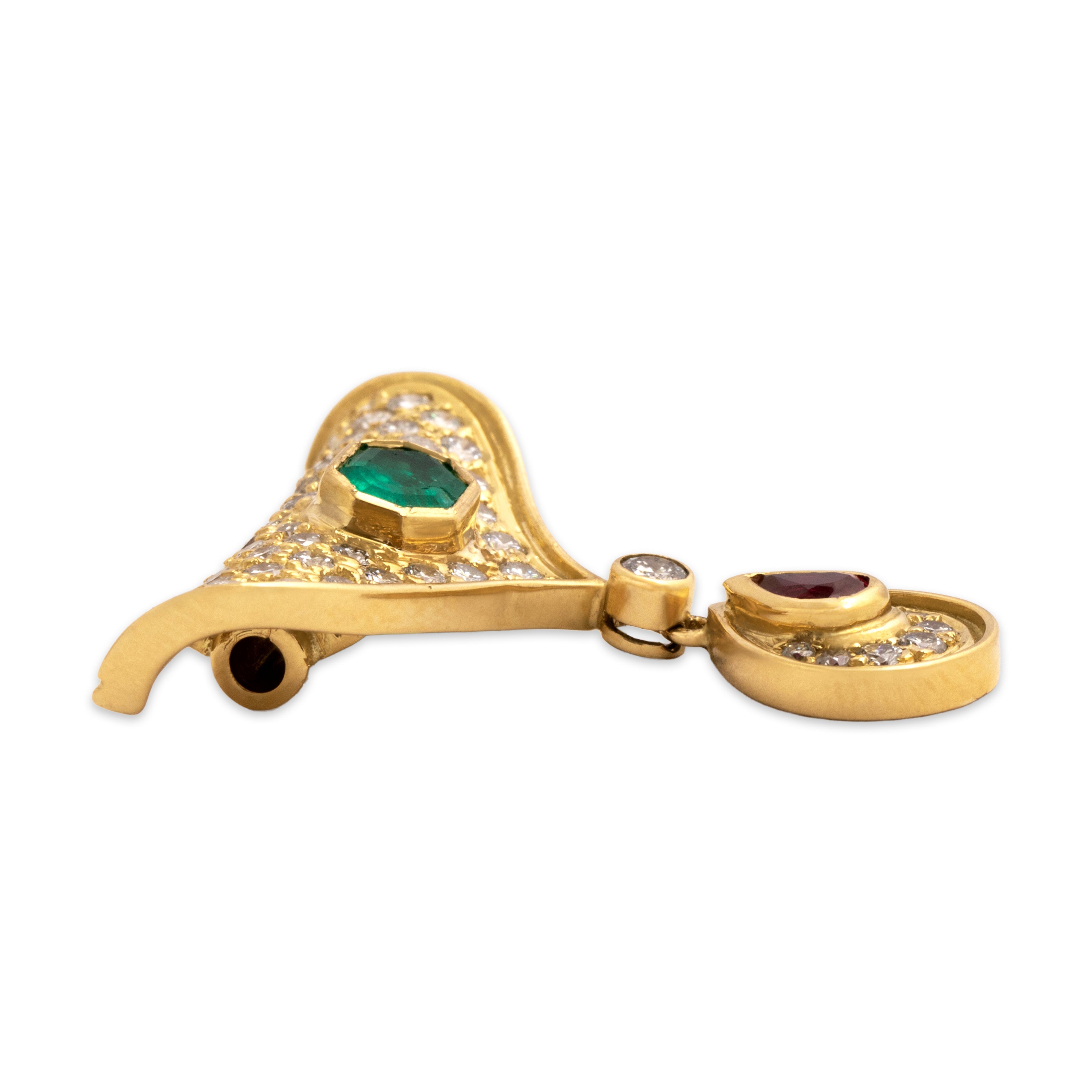 Vintage 18k Yellow Gold .5ct Emerald 1.04cttw Diamond Ruby Elegant Teardrop Dangle Slide Pendant - Side view