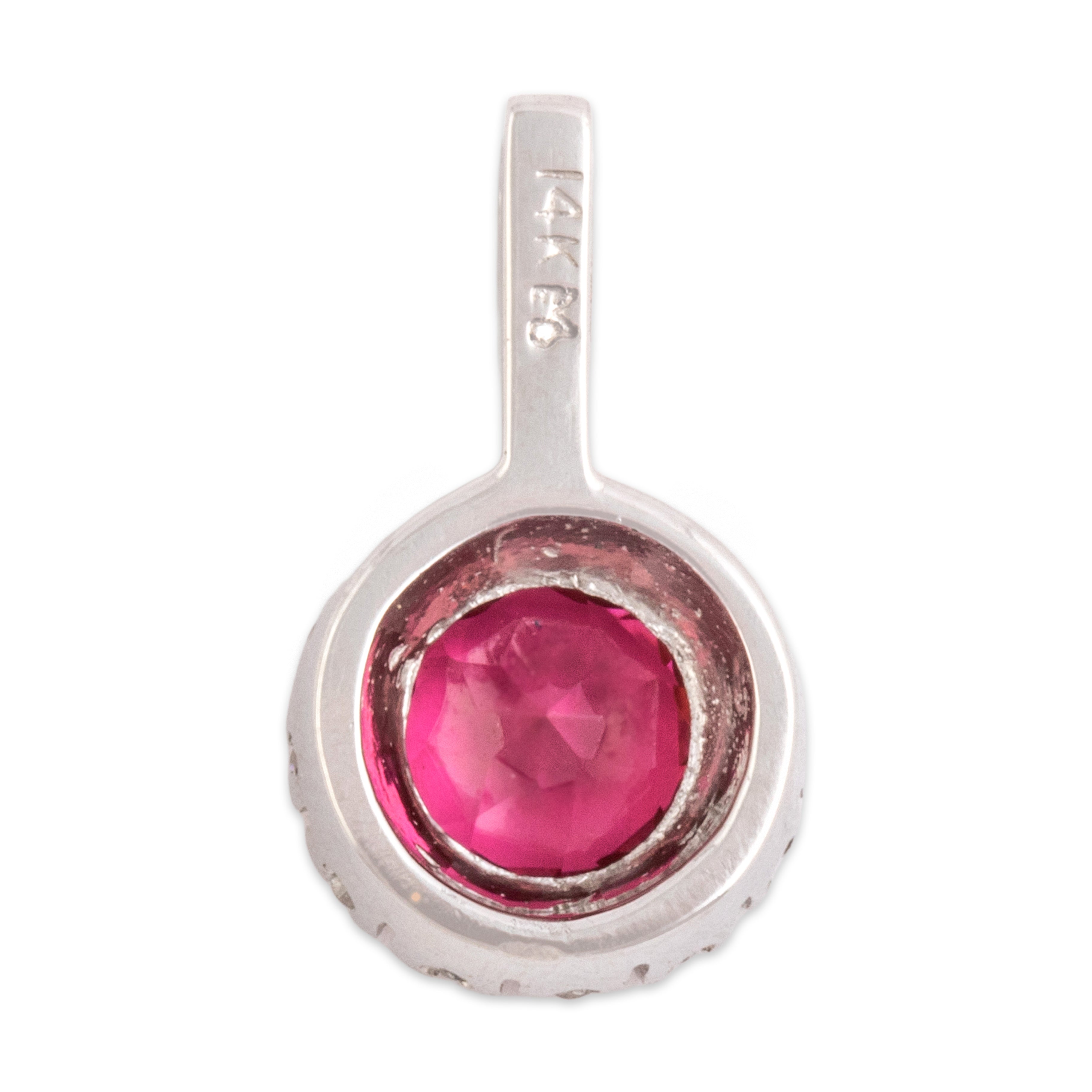 Vintage Small 14k White Gold .85ct Pink Tourmaline Diamond Round Halo Drop Pendant - Back view