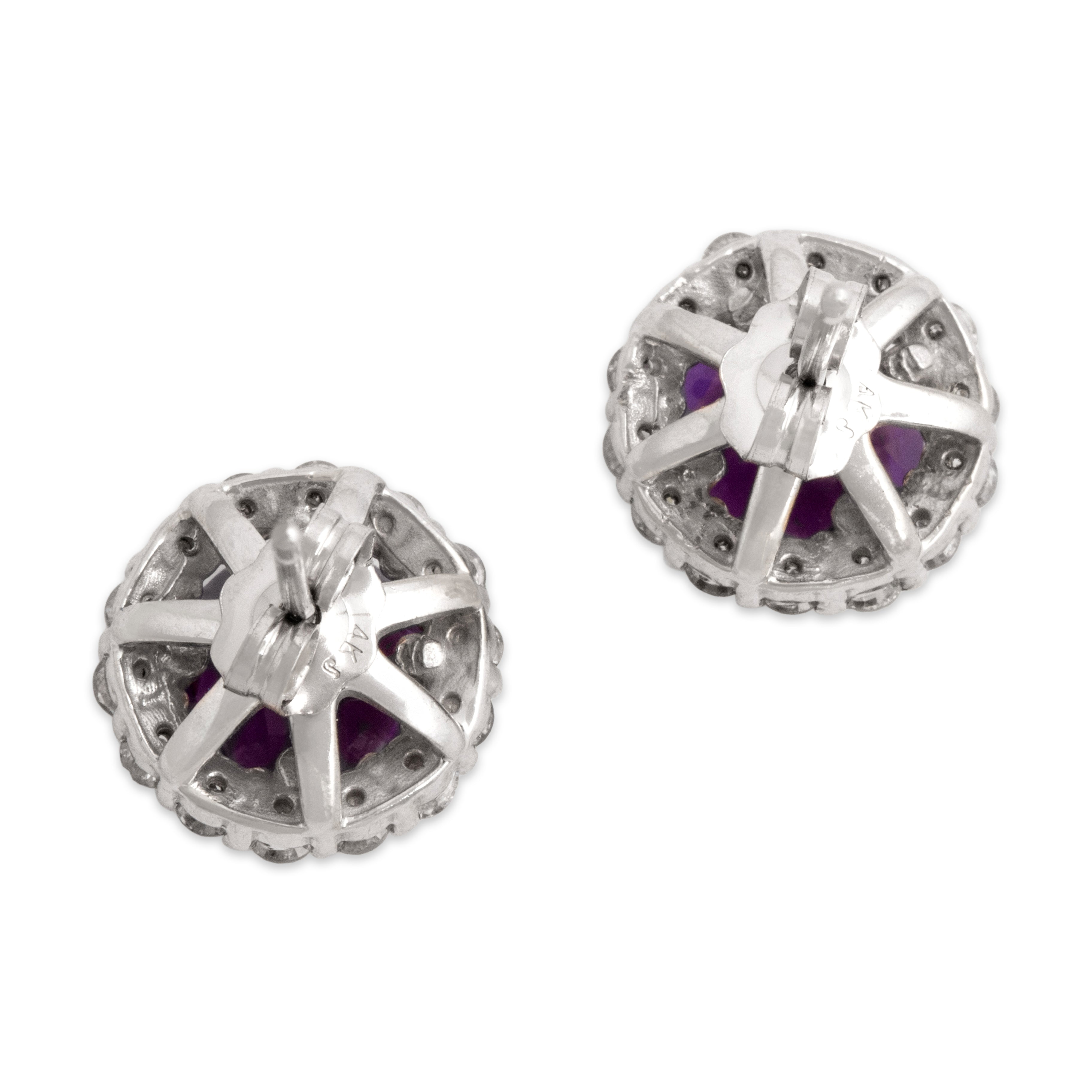 Vintage 14k White Gold 1.17cttw Amethyst Diamond Stunning Bright Halo Stud Earrings - Back view