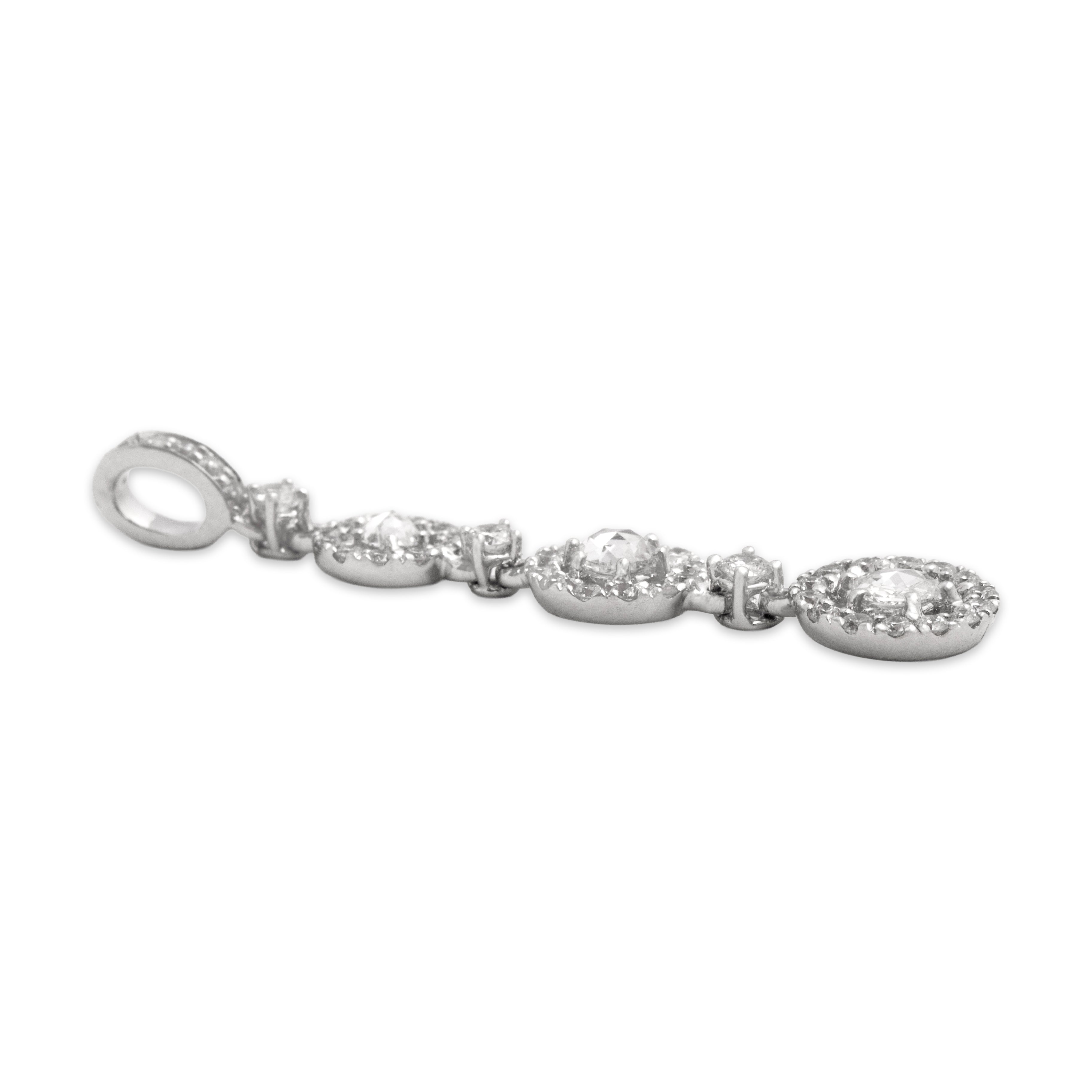 Vintage 14k White Gold Diamond Rose Cut Diamond Graduating Sparkling Halos Pendant - Side view