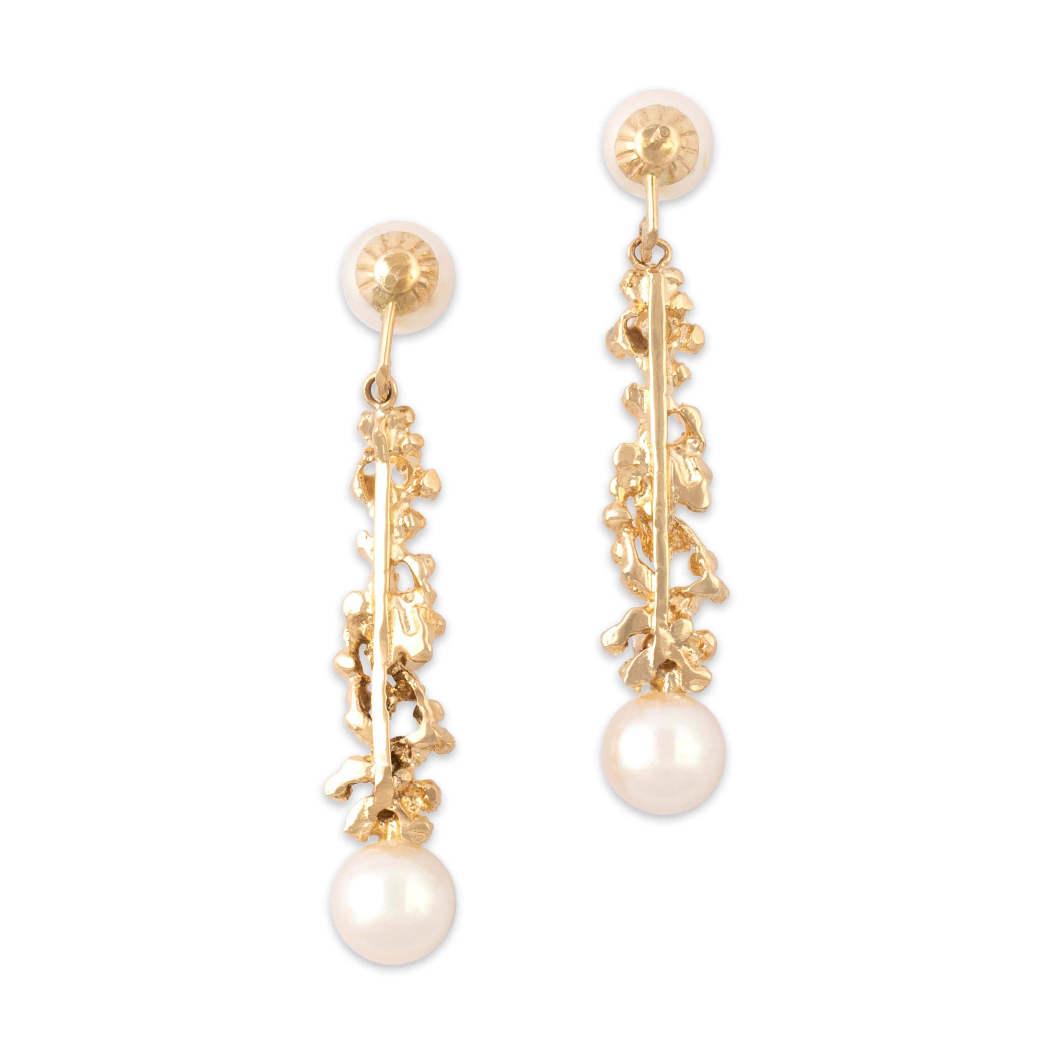Vintage 14k Yellow Gold Pearl Diamond Brutalist Sculptural Drop Dangle Earrings - Back view