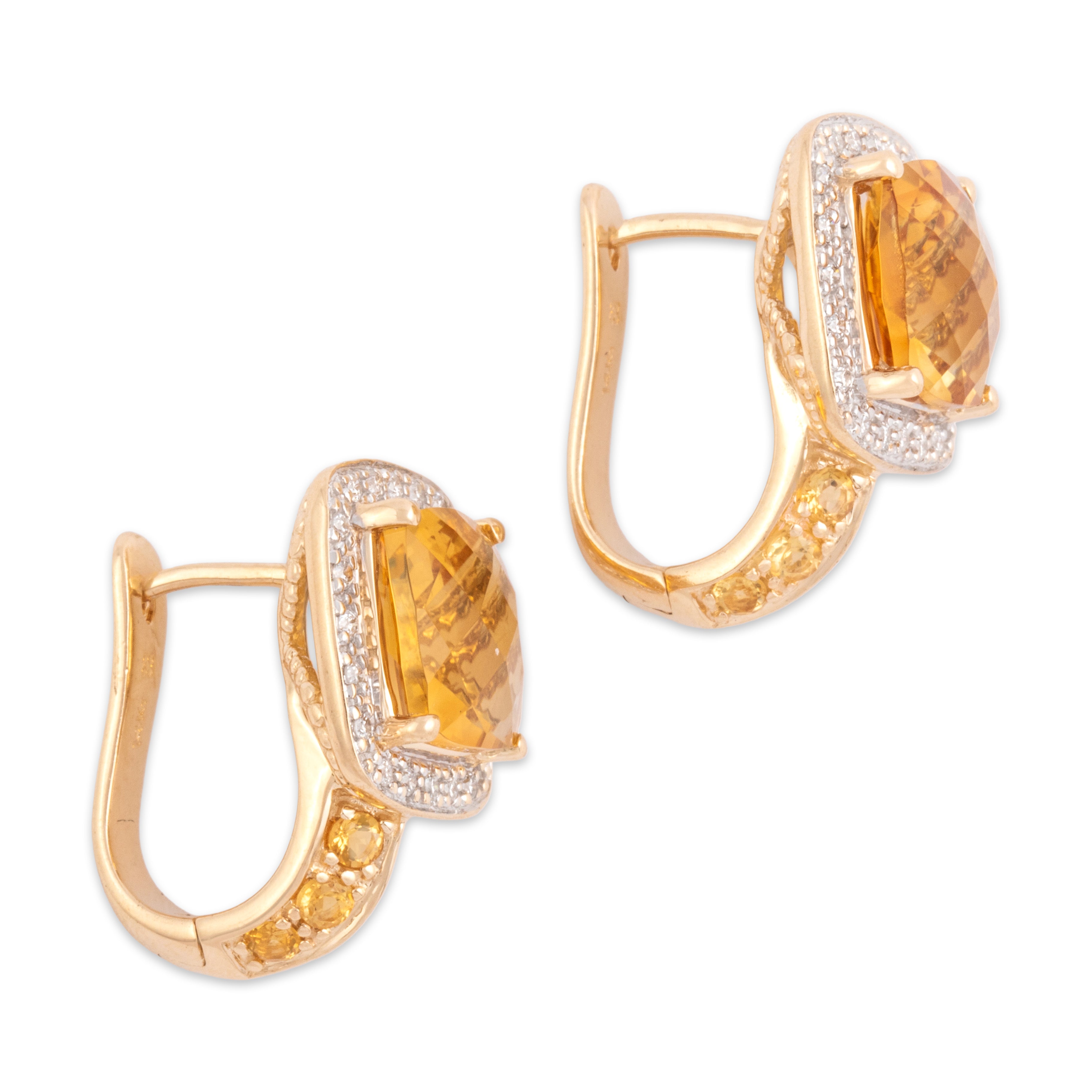 Vintage 14k Yellow Gold 5.87cttw Citrine Diamond Checkerboard Cushion Halo Hoop Earrings - Side view