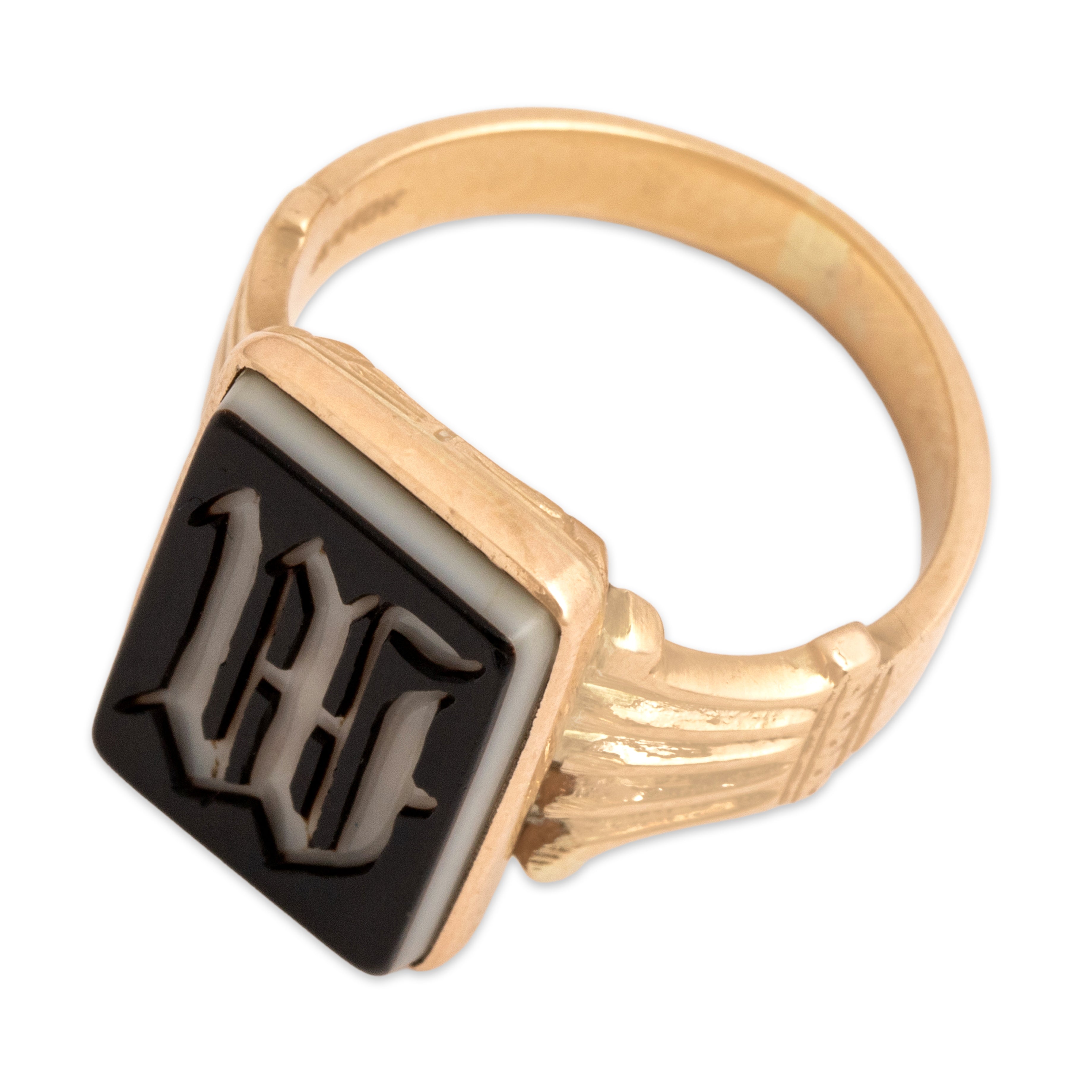 Antique Victorian 10k Rosy Yellow Gold 2.53ct Banded Agate Wonderful Fluted Carved Initial 