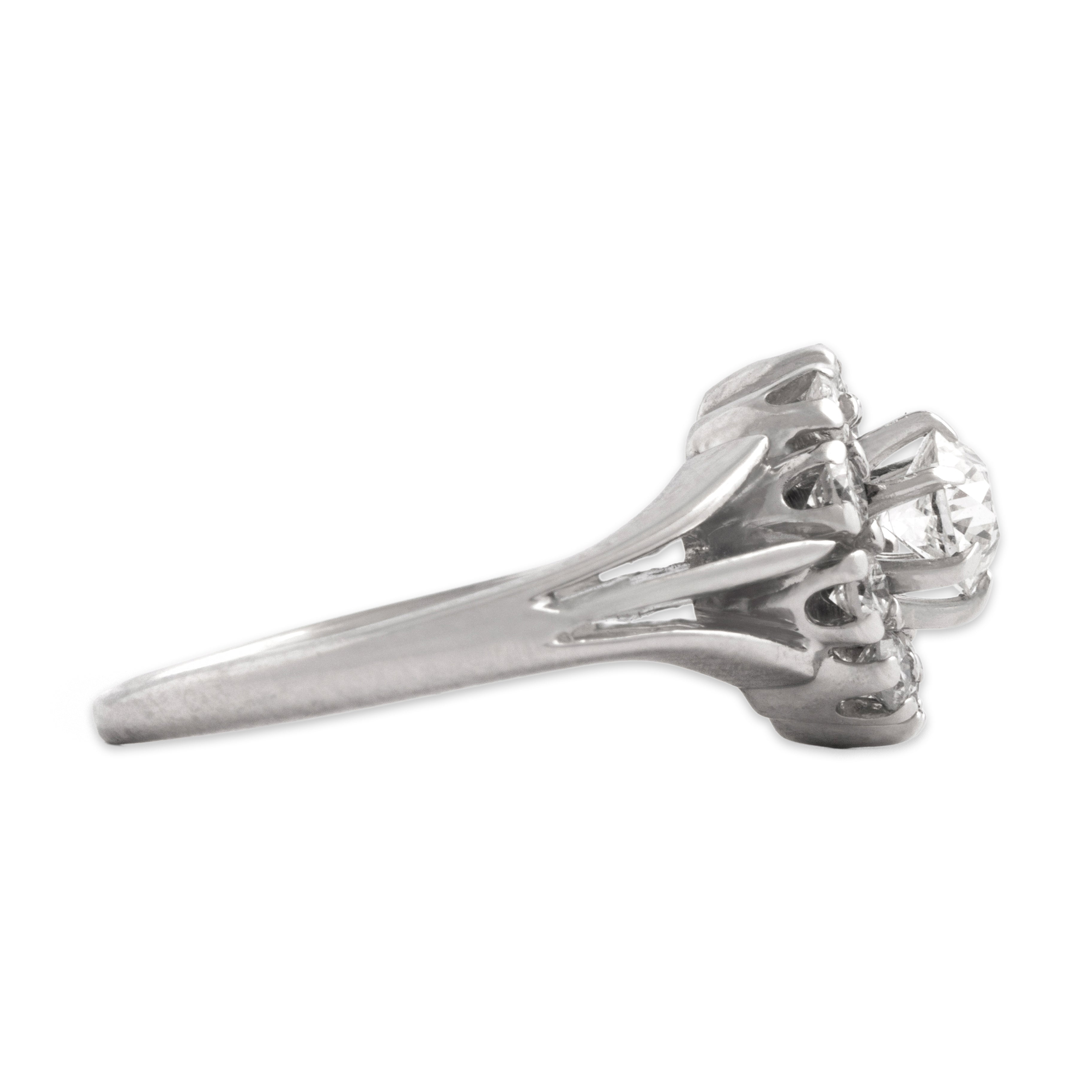 Vintage 14k White Gold .75cttw Old European Cut Diamond Split-Shoulder Dazzling Foriform Halo Ring - Side view