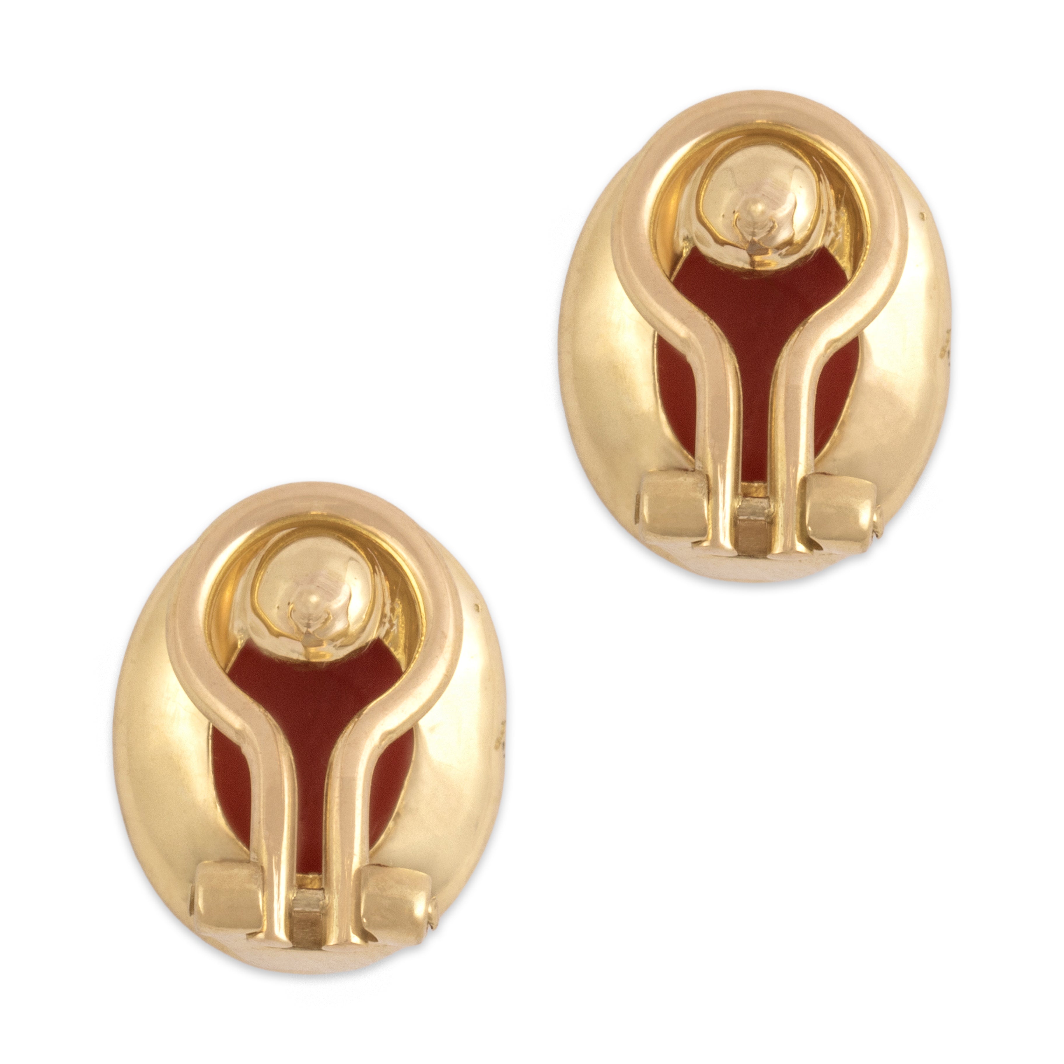 Vintage Italian 18k Yellow Gold Coral Refined Framed Oval Earrings - Back view