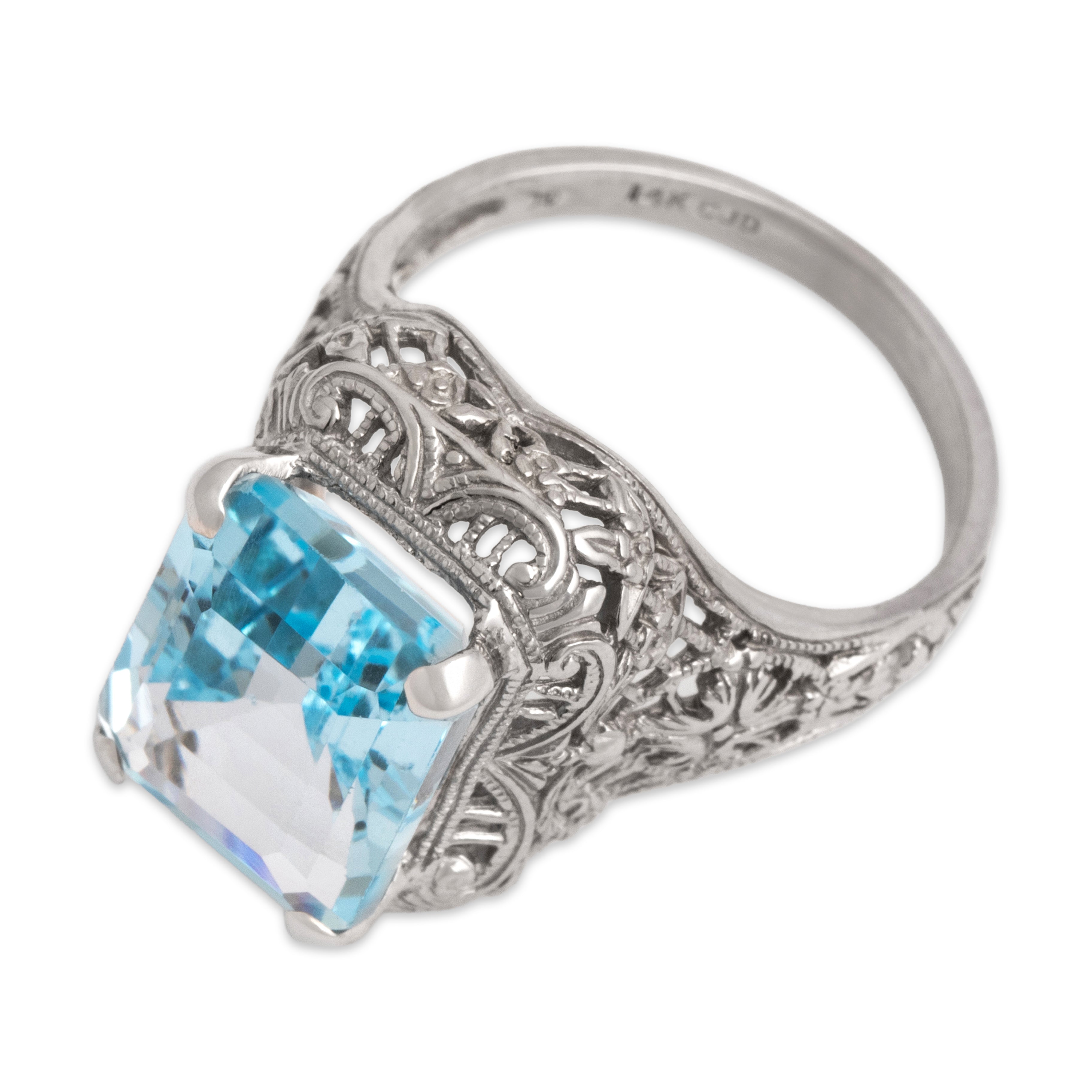 Vintage 14k White Gold 6.71ct Blue Topaz Striking Tall Intricate Openwork Ring - Overall view