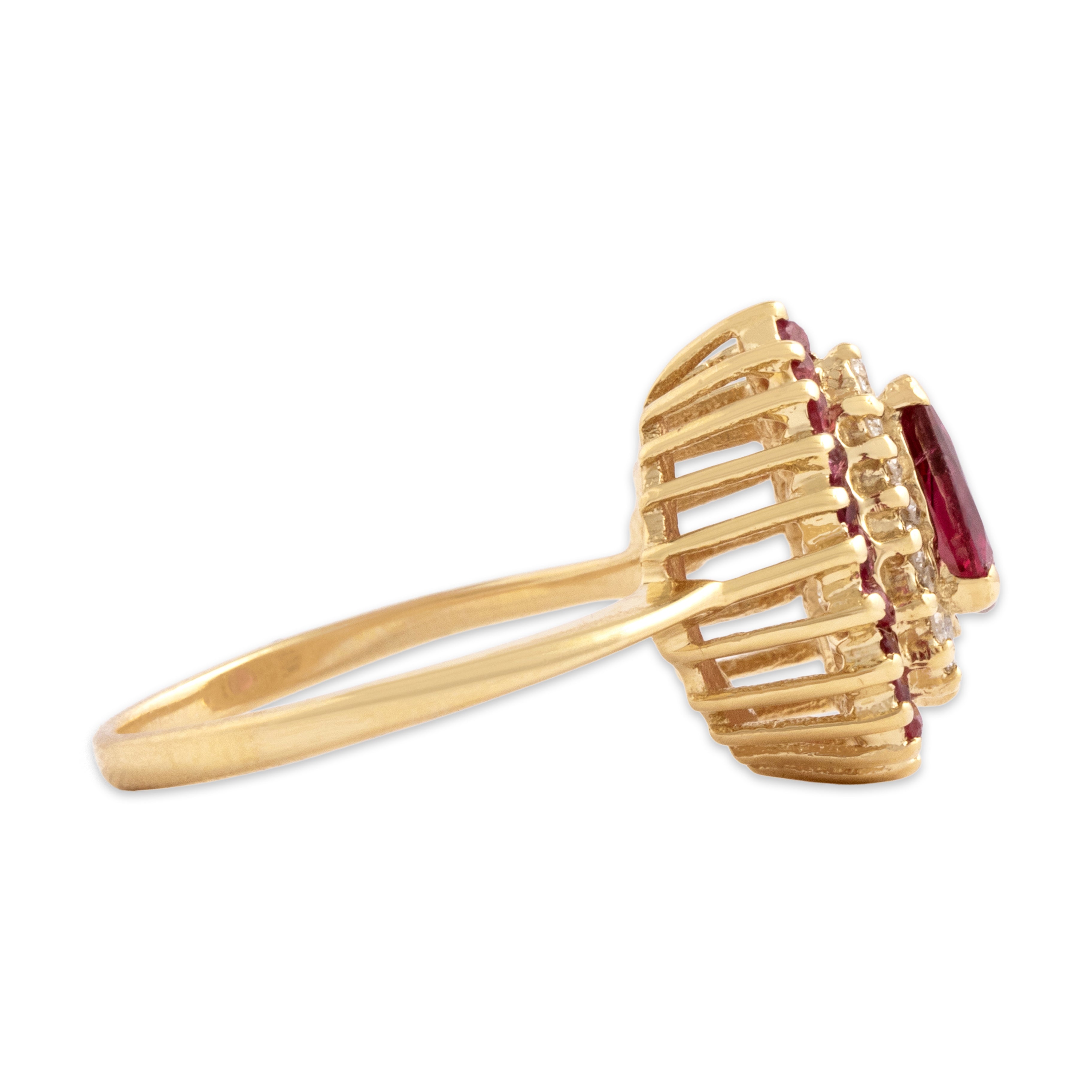 Vintage 14k Yellow Gold .7cttw Ruby Diamond Double Halo Pear Ring - Side view