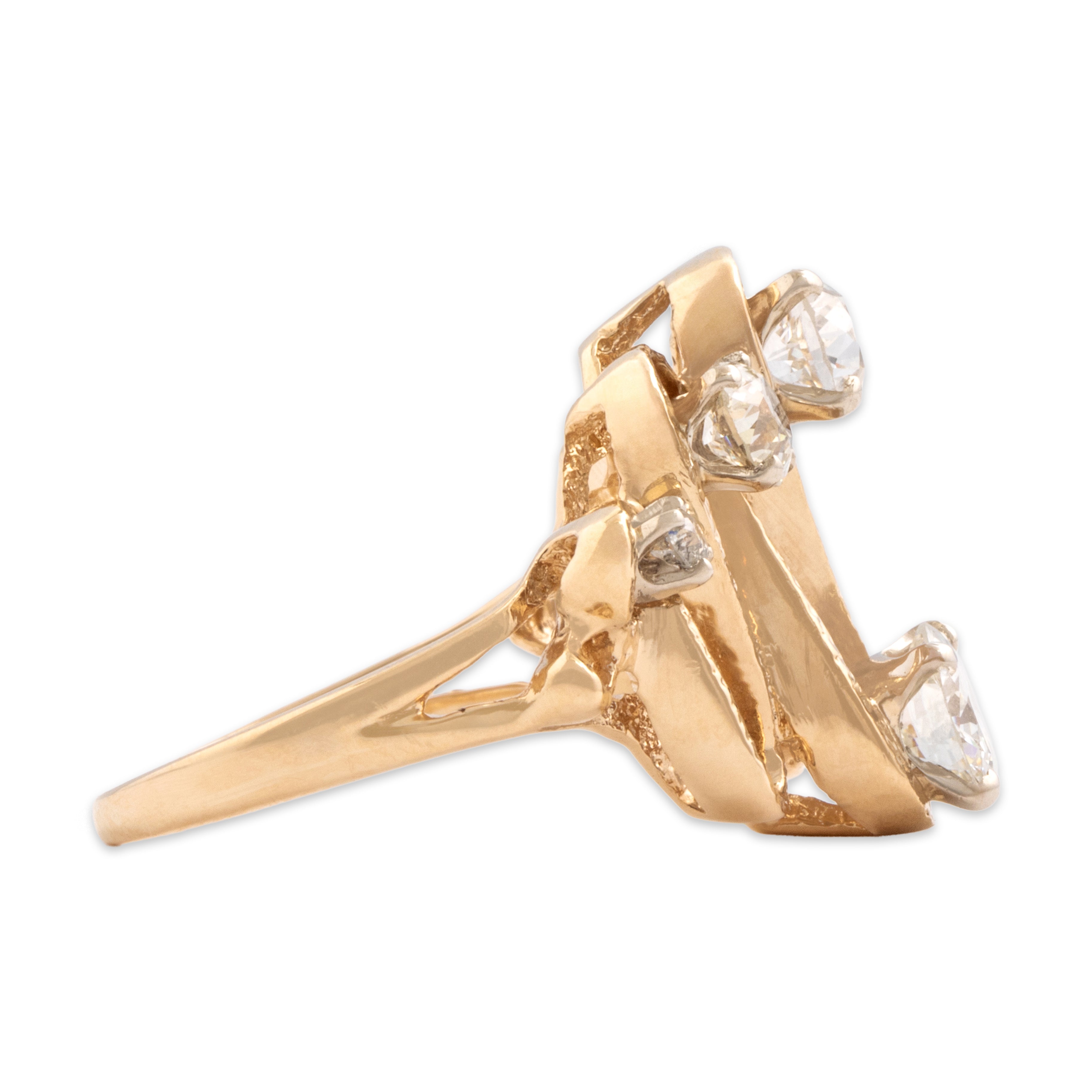 Vintage 14k Yellow Gold 1.75cttw Old European Old Mine Cut Diamond Exceptional Textured Glittering Ribbon Ring - Side view