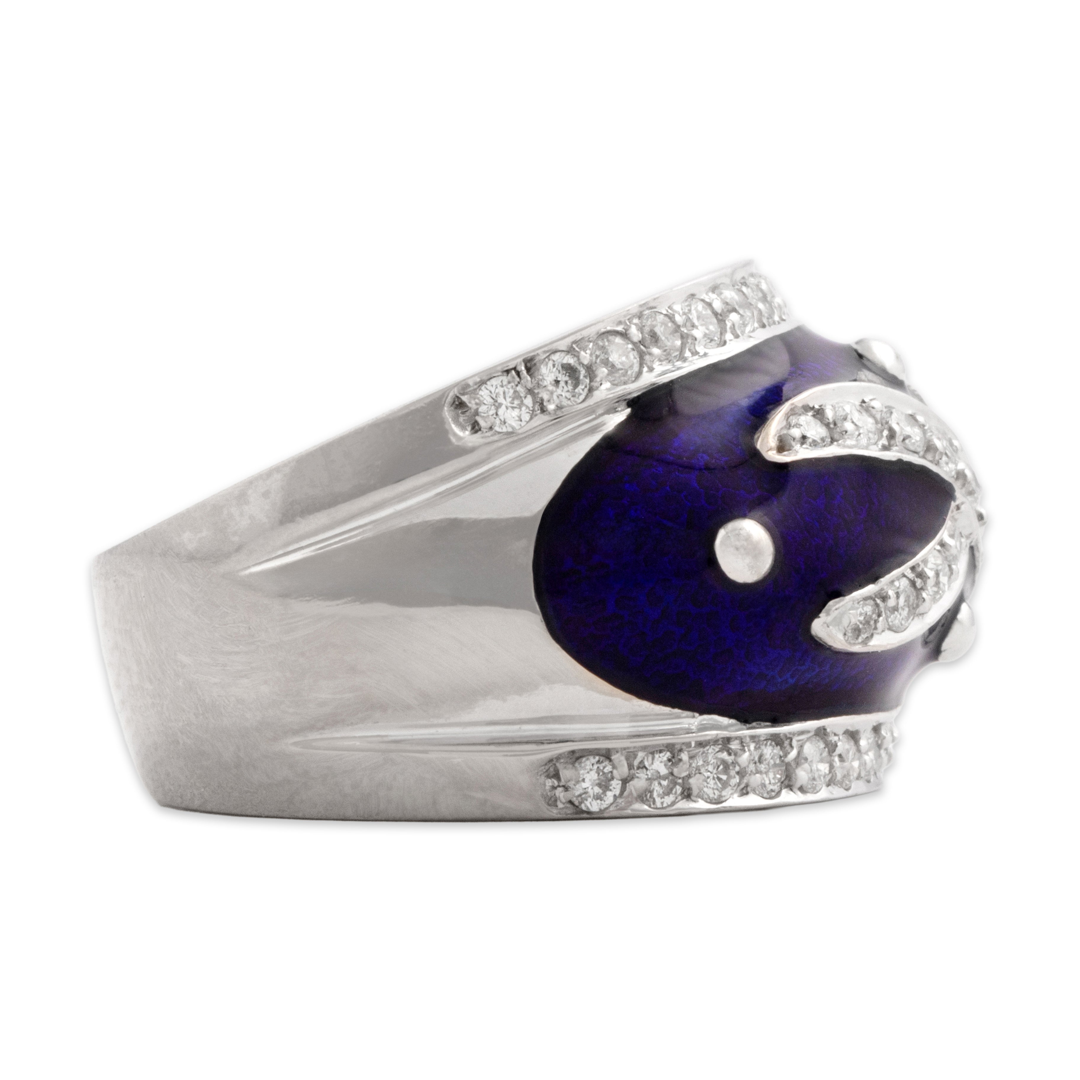 Vintage 18k White Gold Diamond Domed Blue Enamel Criss-Cross Band Ring - Side view