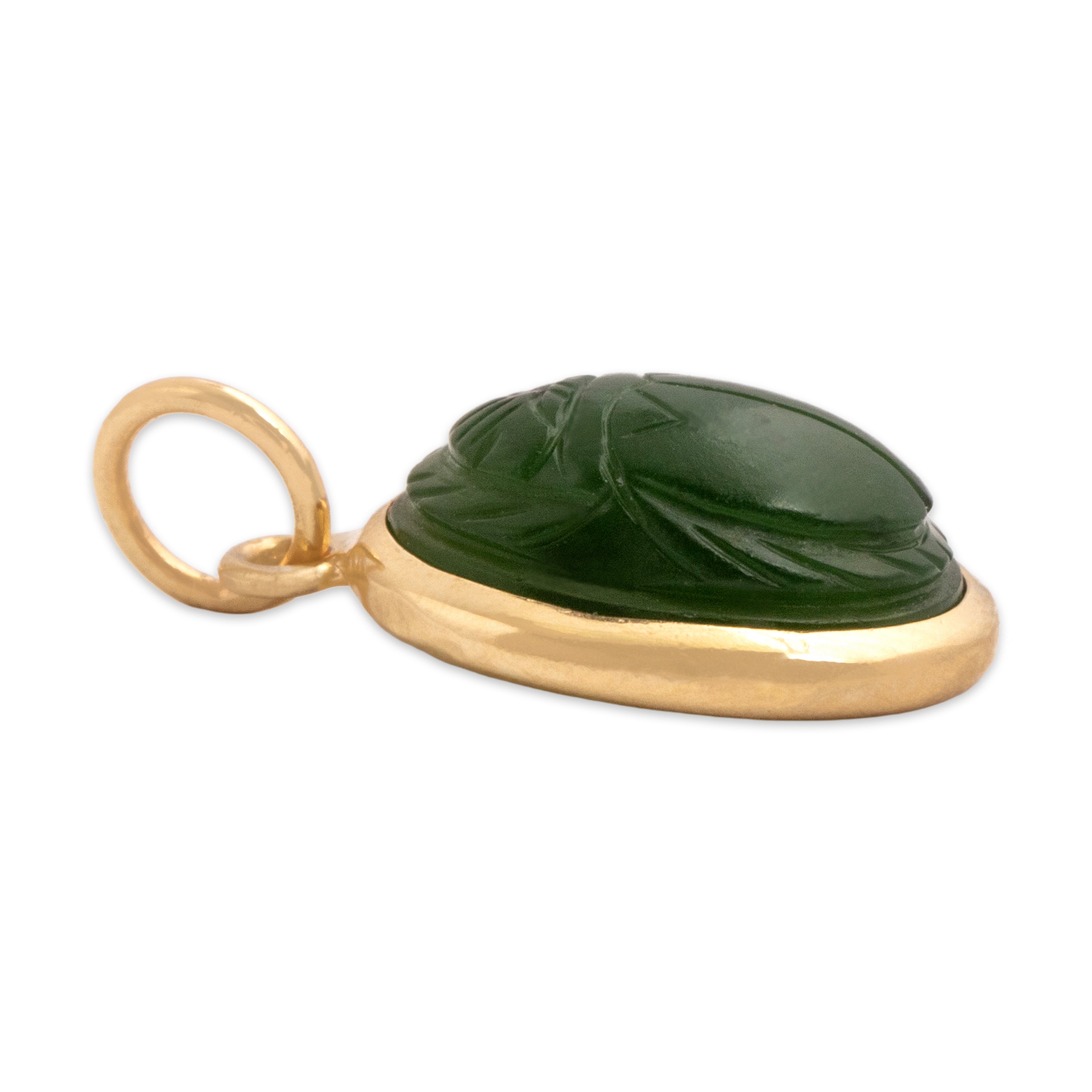 Vintage 10k & 14k Yellow Gold 3.76ct Jade Incredible Carved Scarab Charm / Pendant - Side view