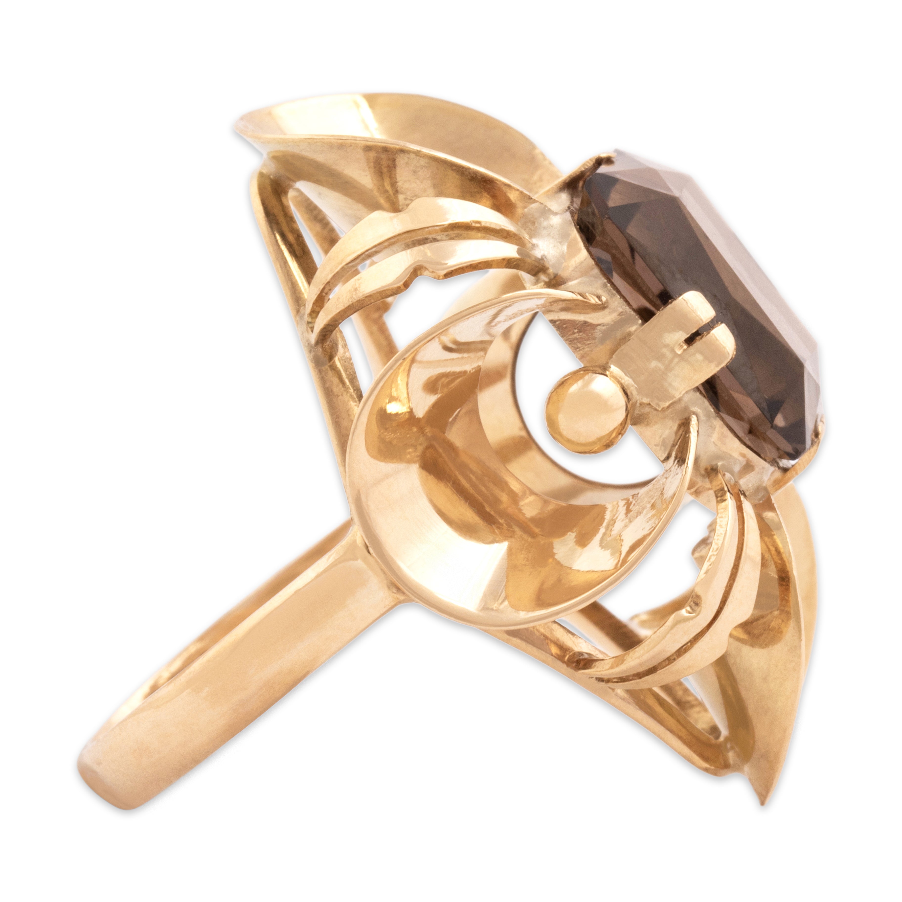 Vintage 14k Yellow Gold 5.12ct Smoky Quartz Bold Artistic Setting Cocktail Ring - Side view