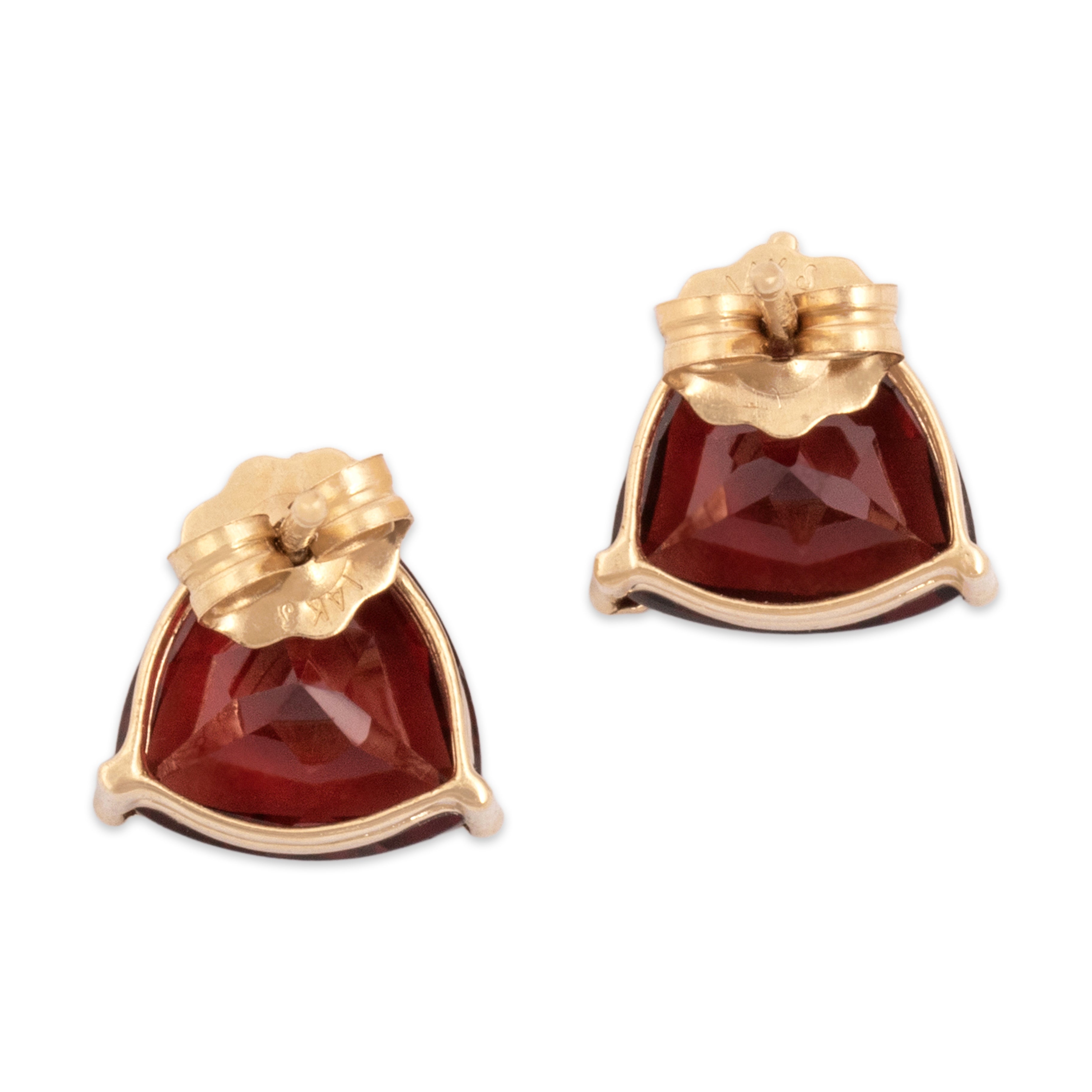 Vintage 14k Yellow Gold 3.55cttw Garnet Sleek Triangles Stud Earrings - Back view