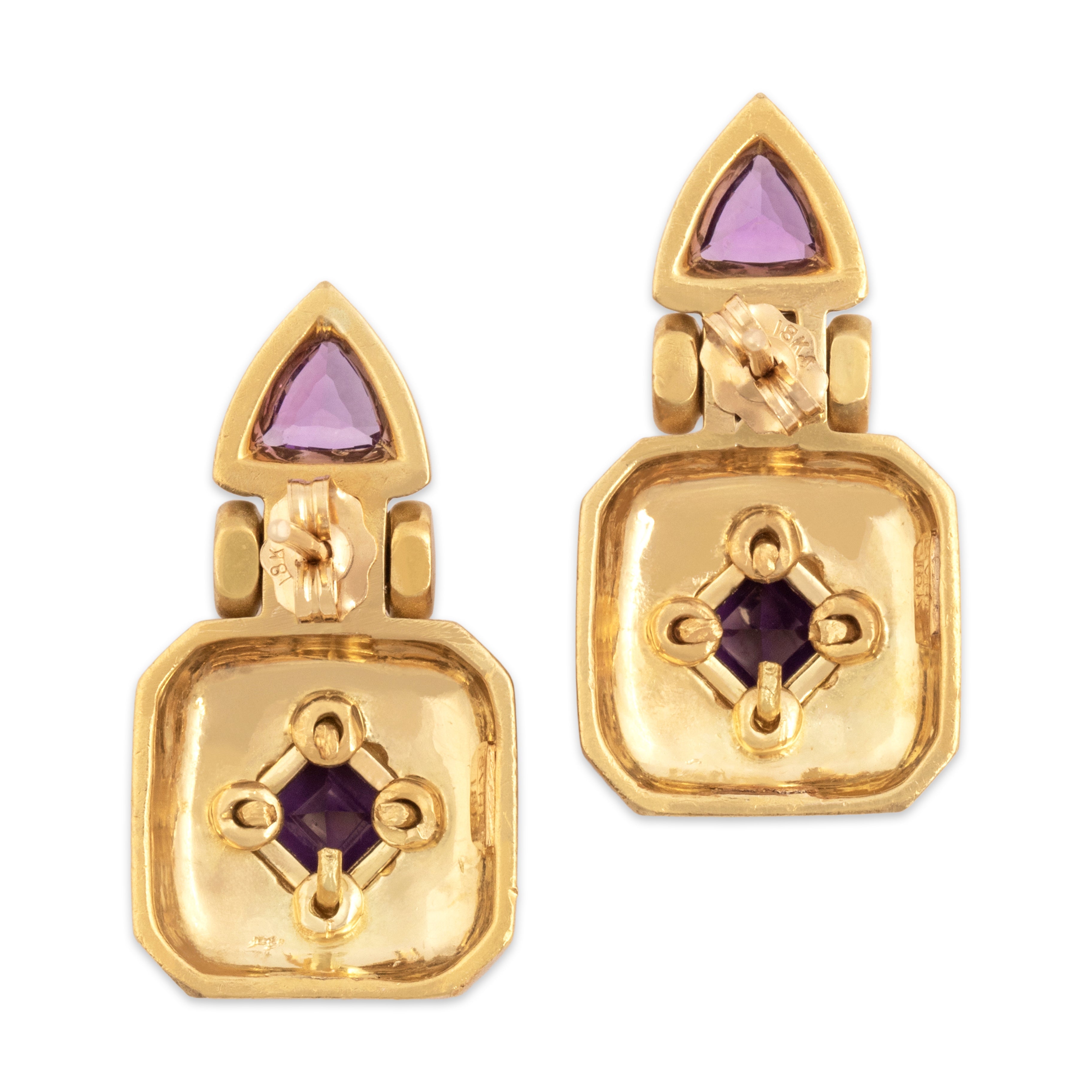Vintage Heavy 18k Yellow Gold 1.75cttw Amethyst Geometric Stack Stud Earrings - Back view