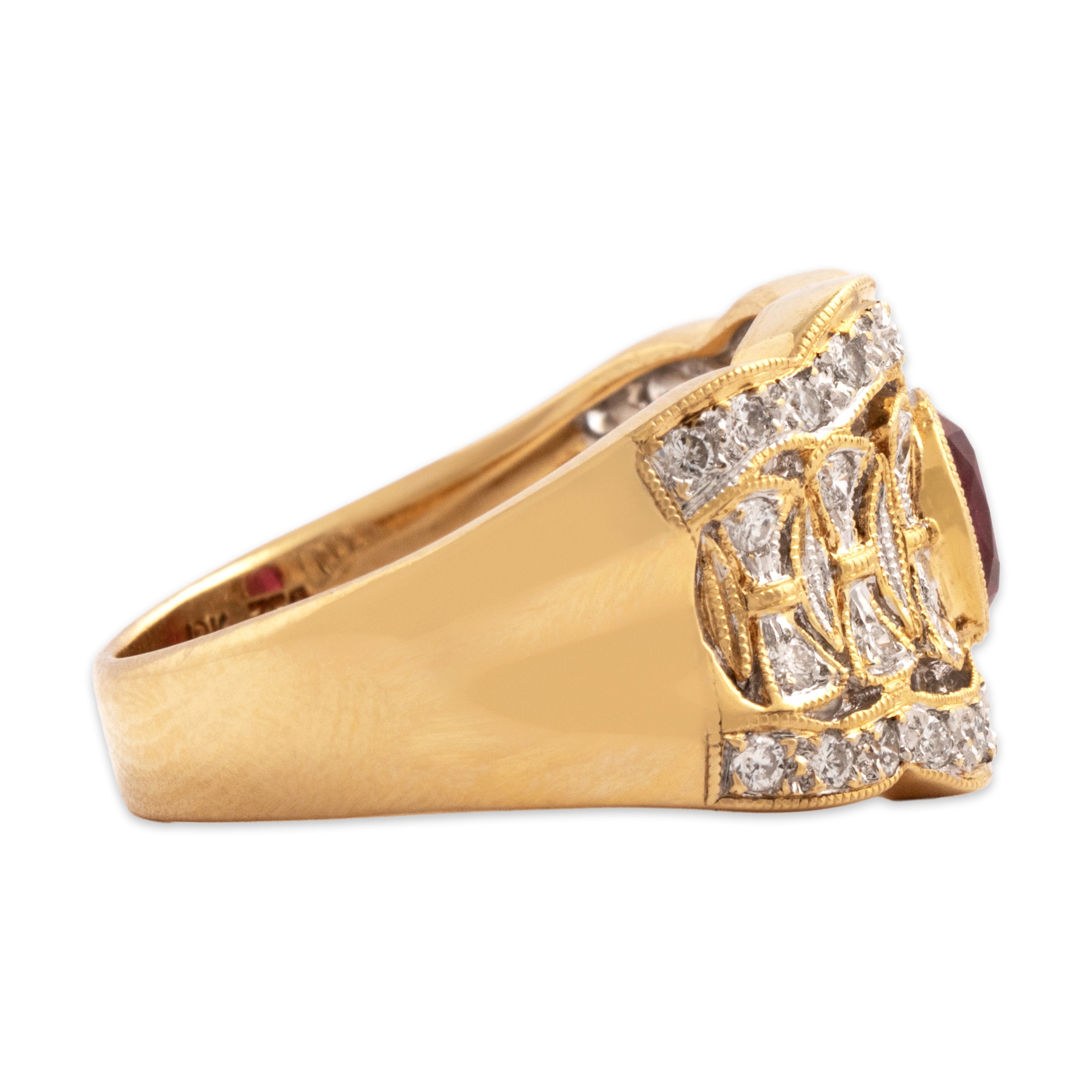 Vintage 18k Yellow & White Gold .52ct Ruby Diamond Sophisticated Scalloped Milgrain Wide Band Ring - Side view