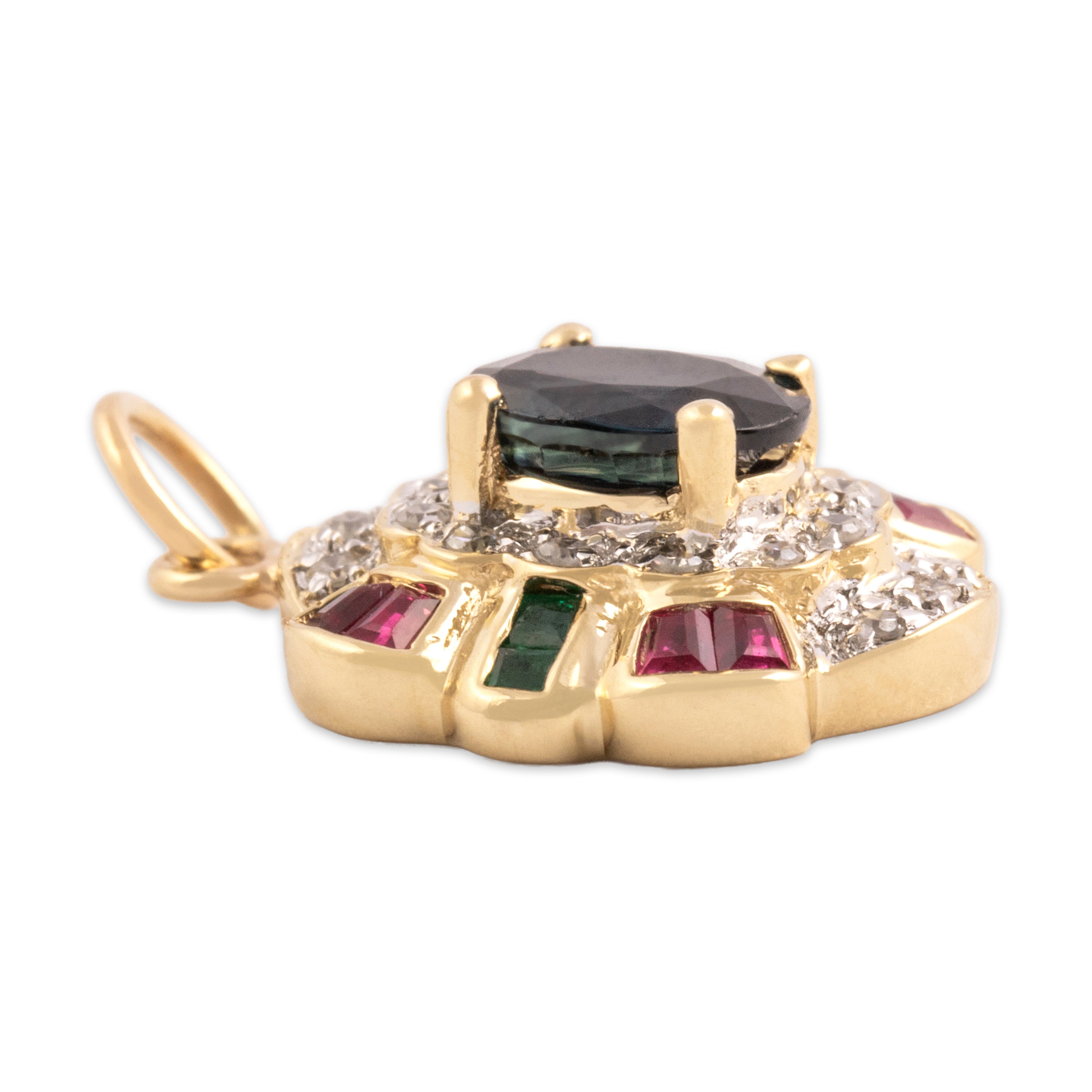 Vintage 14k Yellow Gold .89ct Sapphire Ruby Diamond Emerald Scalloped Pendant