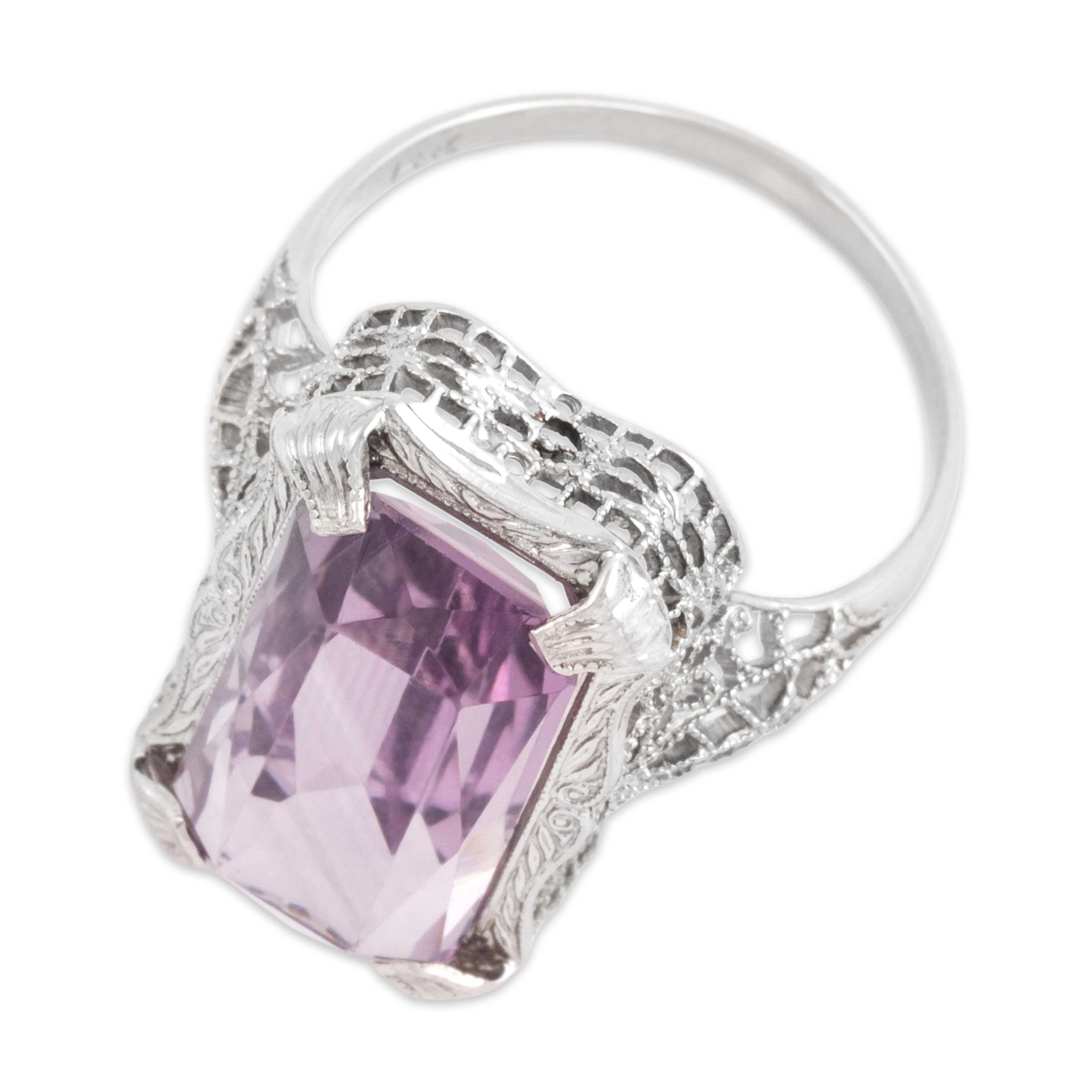 Antique Art Deco 14k White Gold 5.55ct Amethyst Incredible Elongated Milgrain Openwork Ring - Overall view