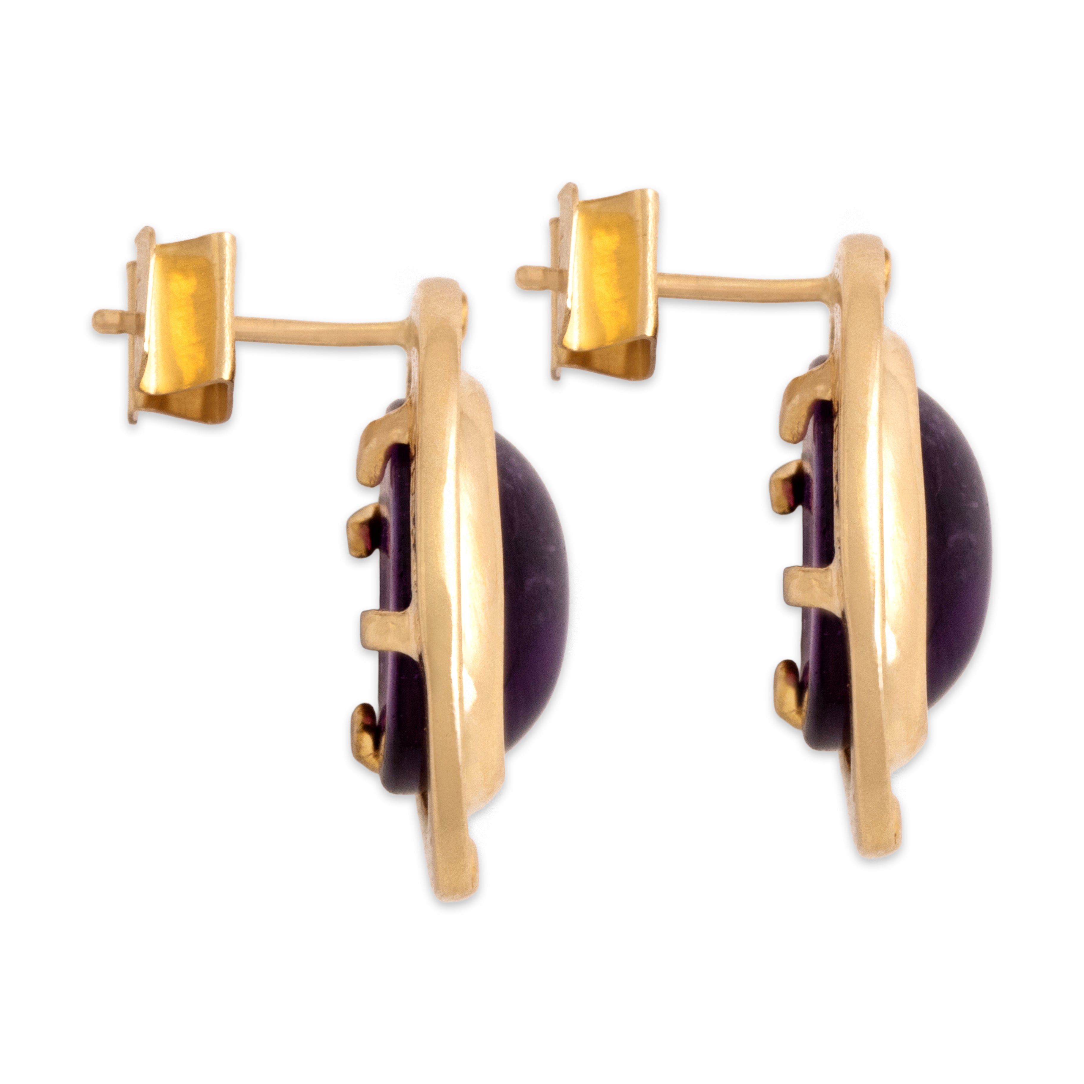 Vintage Large 14k Yellow Gold 9.26cttw Amethyst Framed Cabochon Stud Earrings - Side view