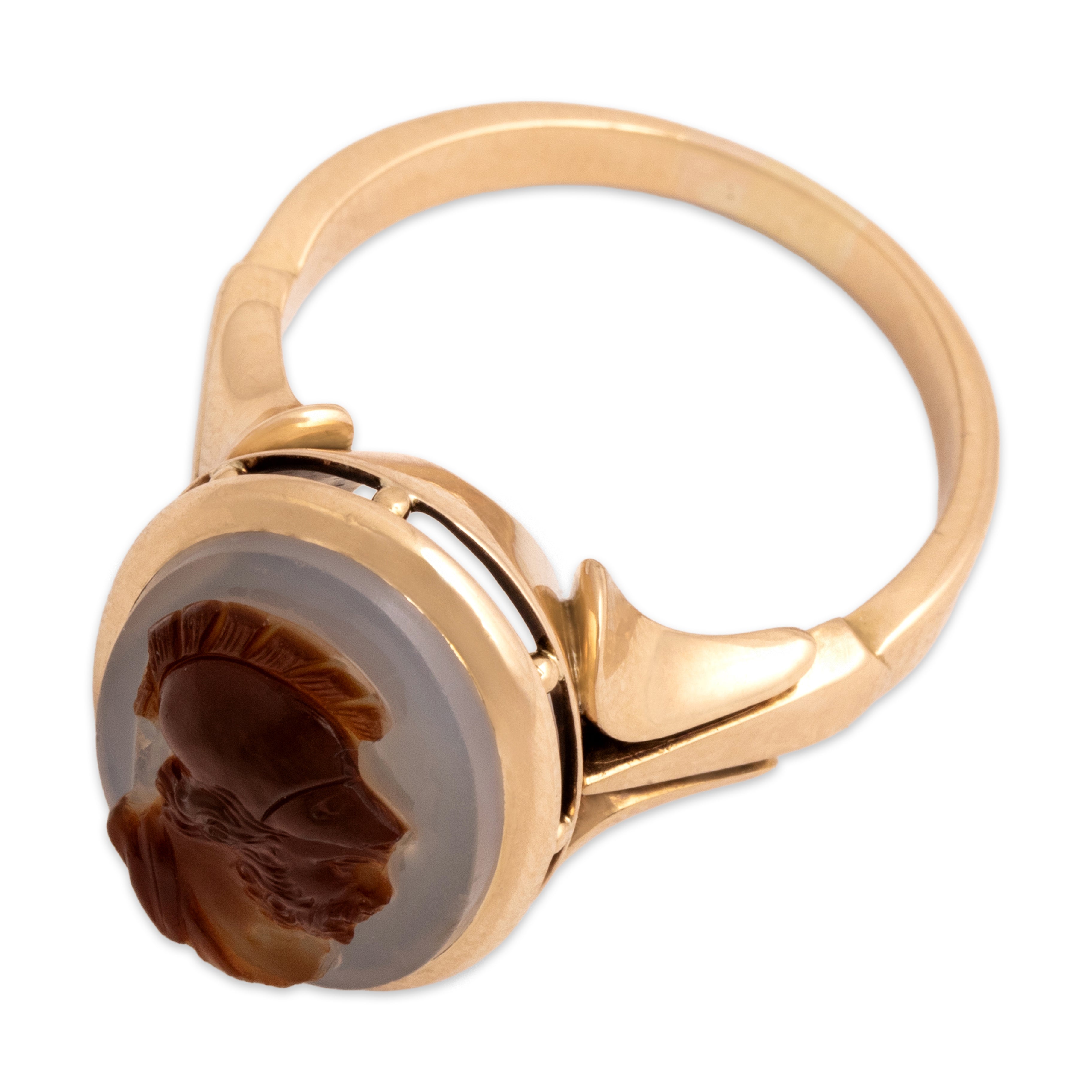Antique 14k Rosy Yellow Gold 3.89ct Banded Agate Wonderful Luminous Carved Soldier Cameo Ring - Overall view