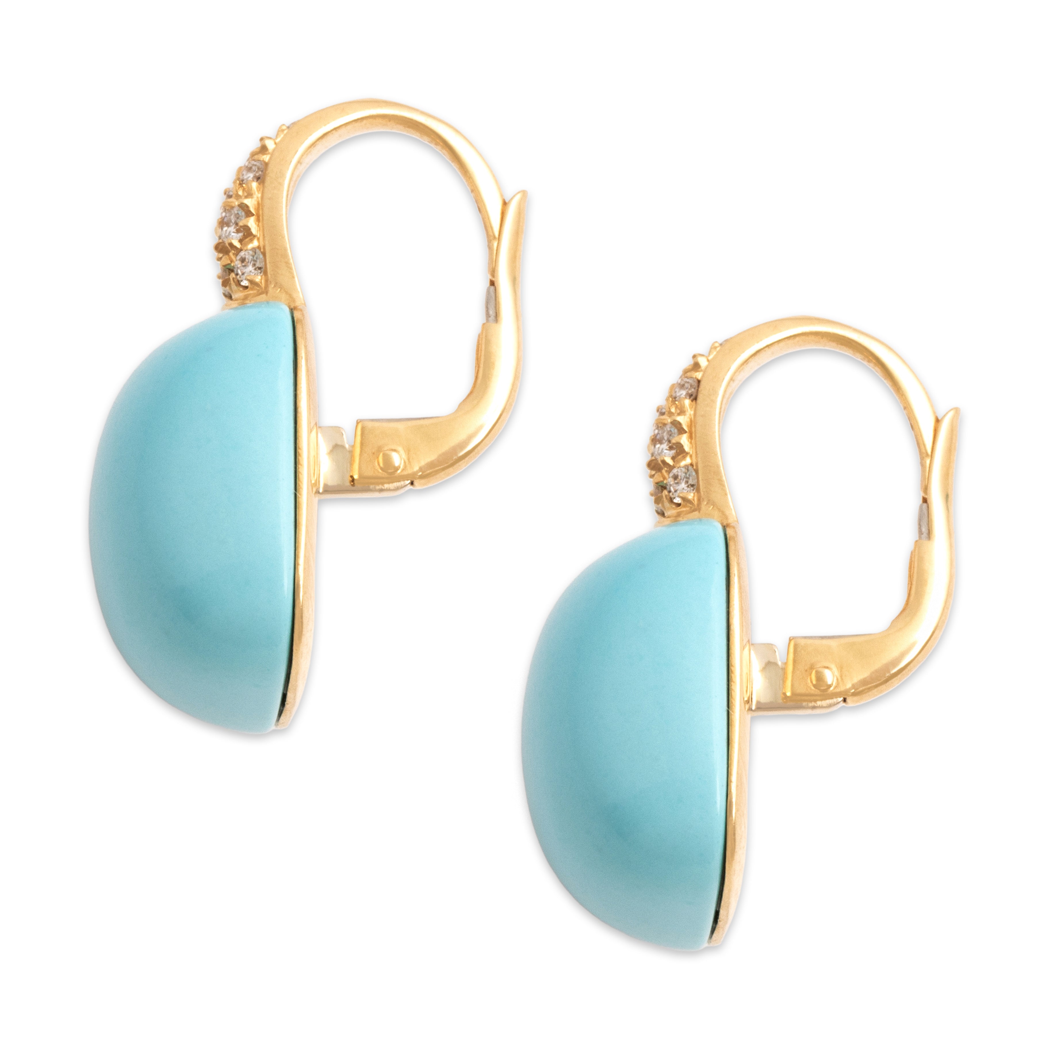 Vintage 18k Yellow Gold 17.08cttw Robin's Egg Blue Turquoise Diamond Spectacular Cushion Cabochon Dangle Earrings - Side view