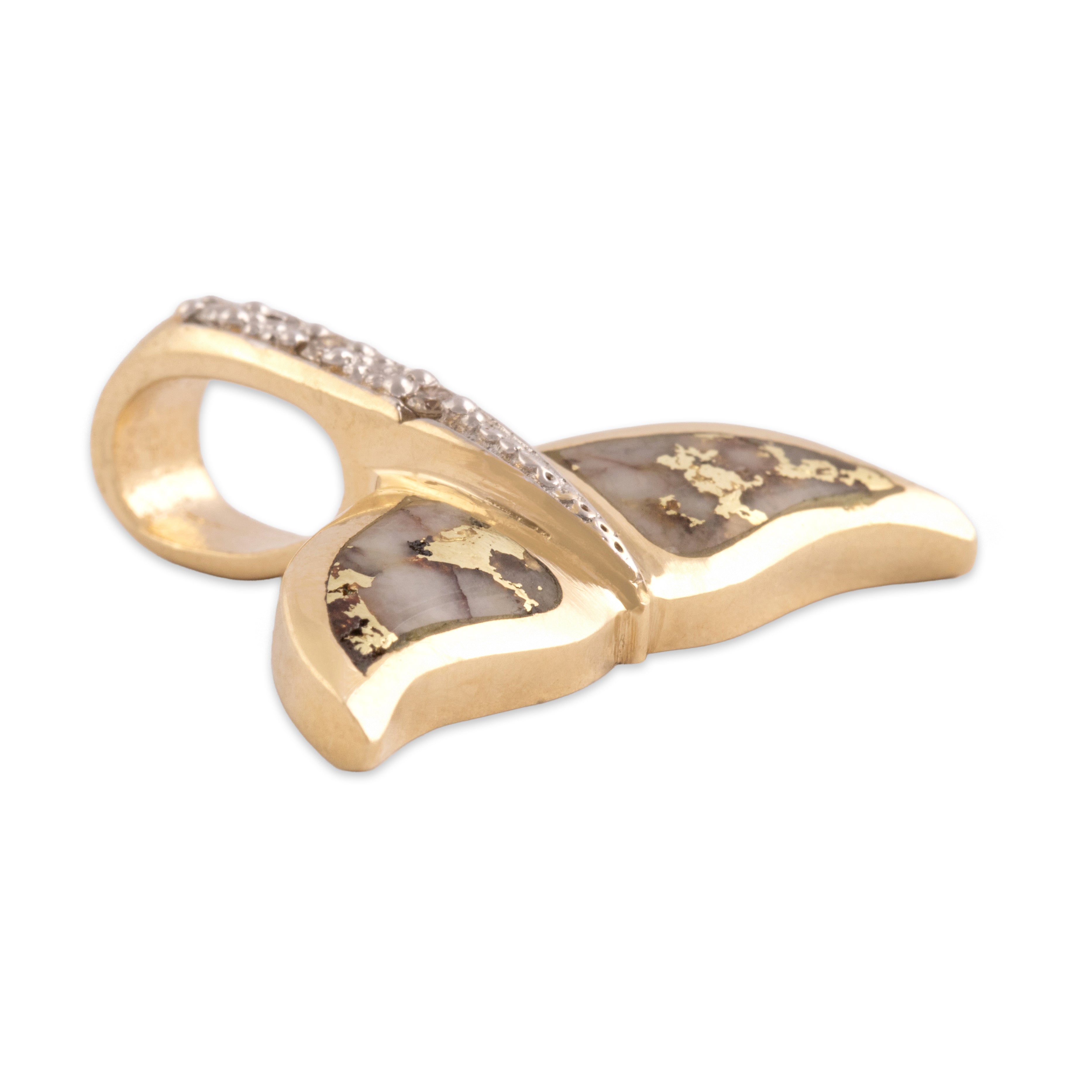 Vintage 14k Yellow Gold Diamond Gold Vein Quartz Gleaming Nautical Whale Tail Slide Pendant - Side view
