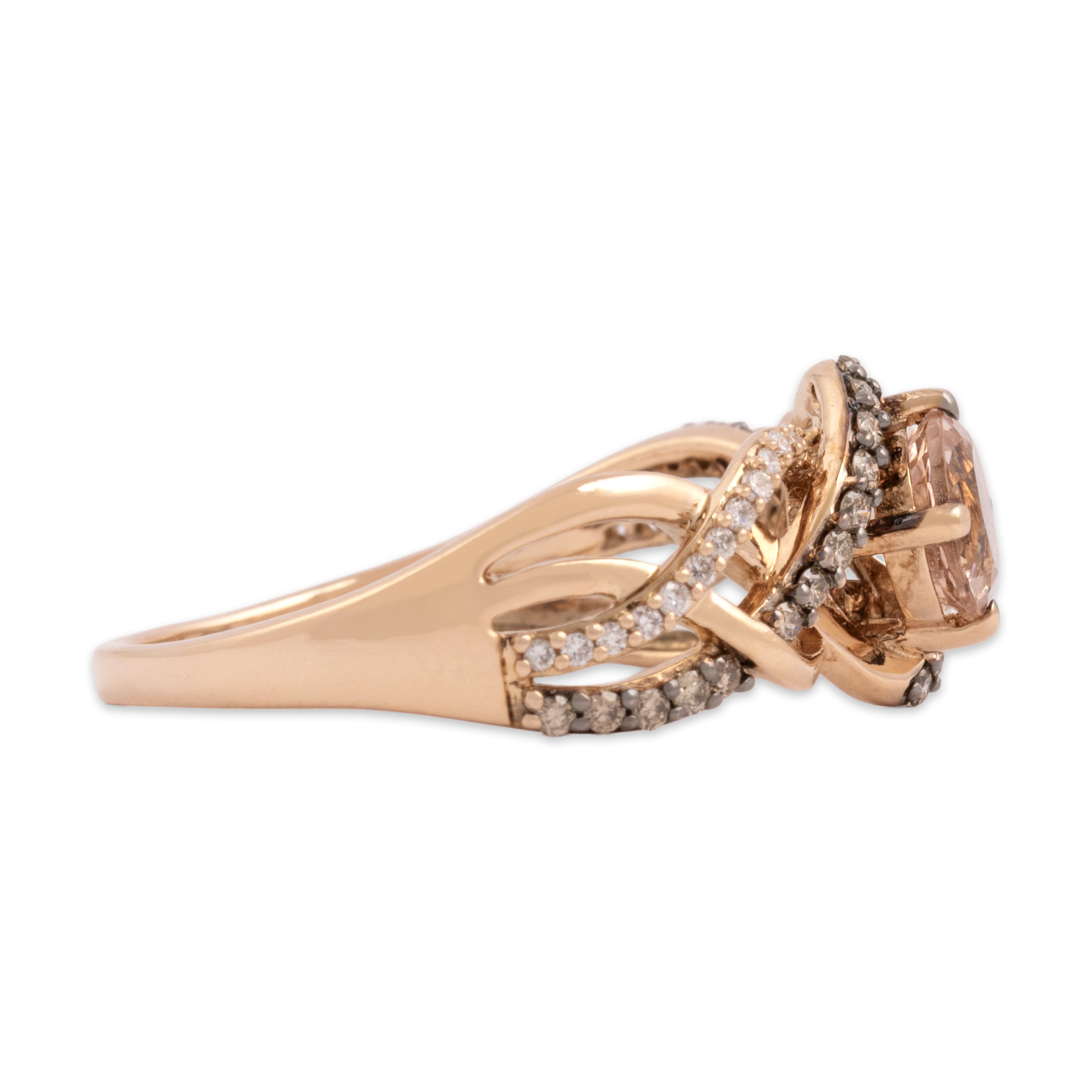 Estate 14k Rose Gold .7ct Morganite Champagne Diamond White Diamond Sparkling Intertwined Shoulder Ring - Side view