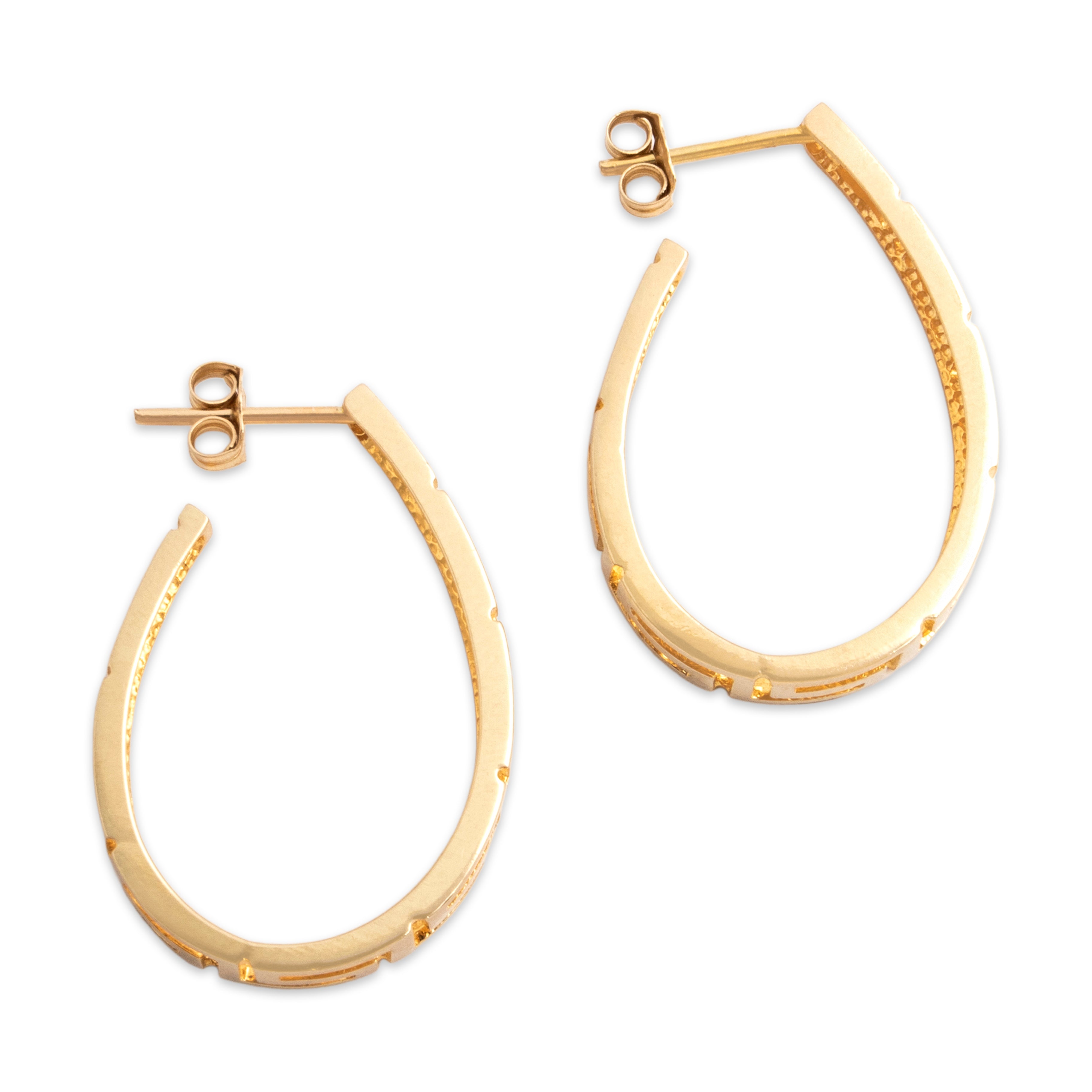 Vintage 14k Yellow Gold Chic Elongated Open Greek Key Stud Hoop Earrings - Side view