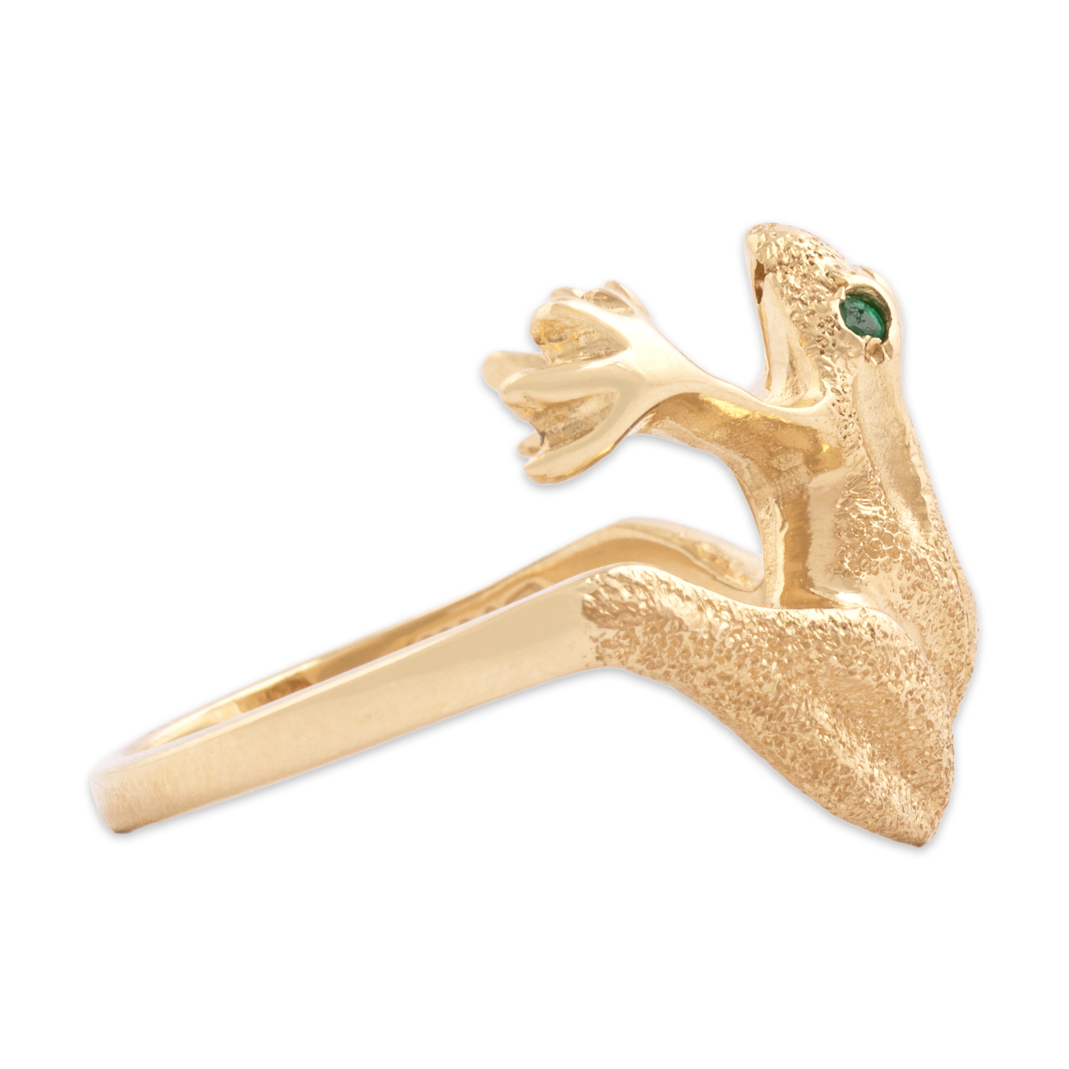 Vintage 14k Yellow Gold Emerald Glittering Hugging Tree Frog Ring - Side view