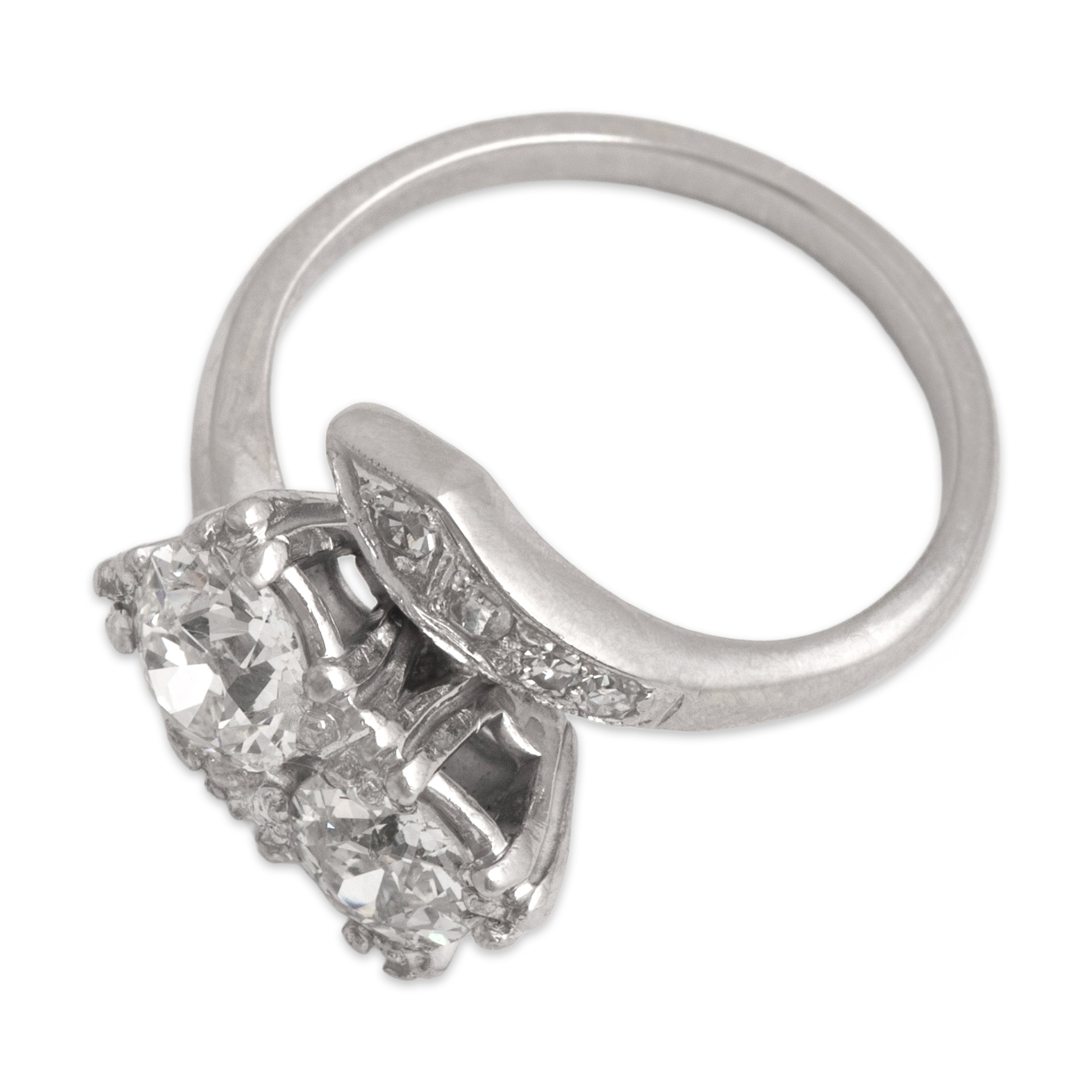 Antique 14k White Gold 1.22cttw Old European Cut Diamond Superb Toi Et Moi Bypass Ring - Overall view
