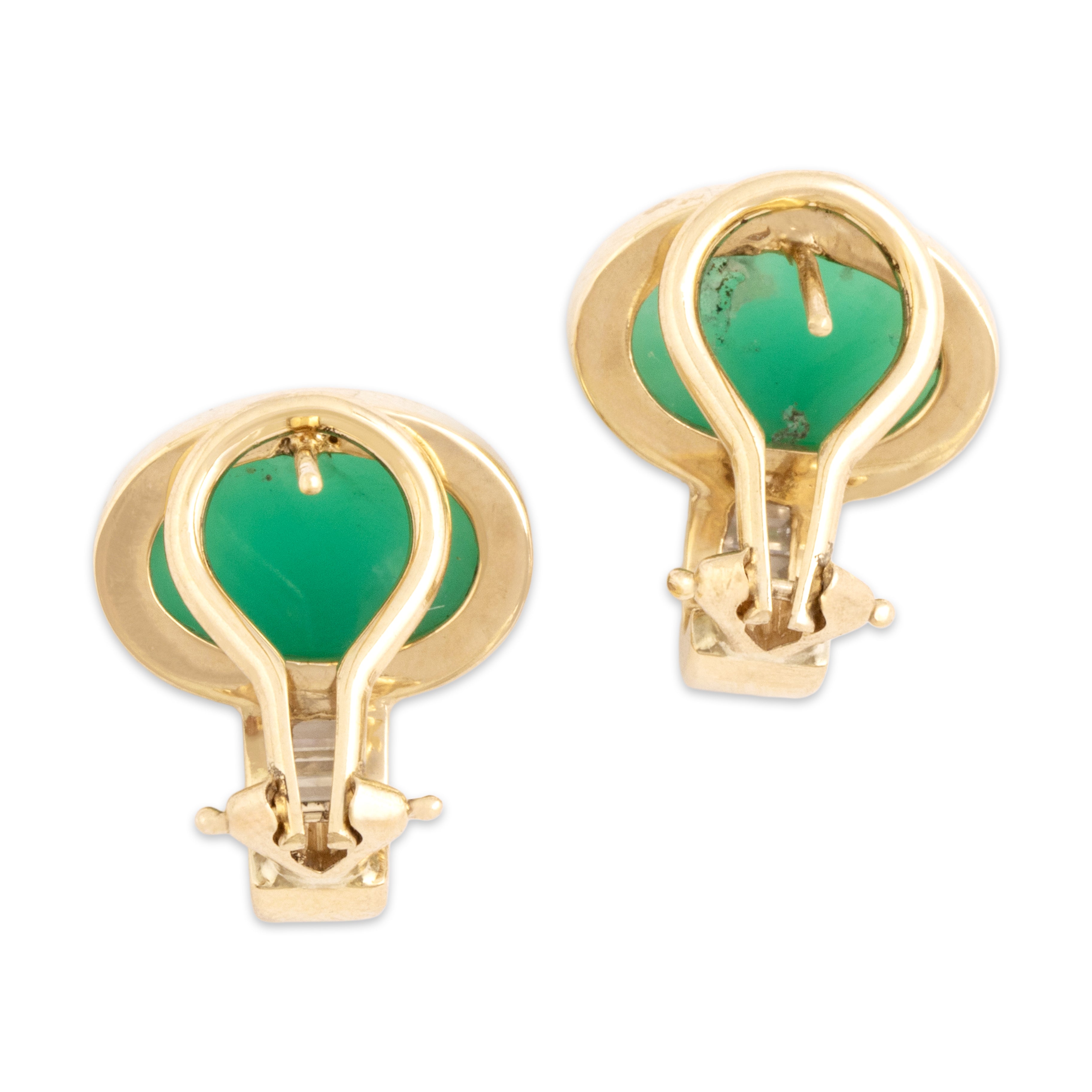 Vintage 14k Yellow Gold 4.65cttw Green Chalcedony .51cttw Diamond Elegant Flashing Bezel Drop Omega Back Earrings - Back view