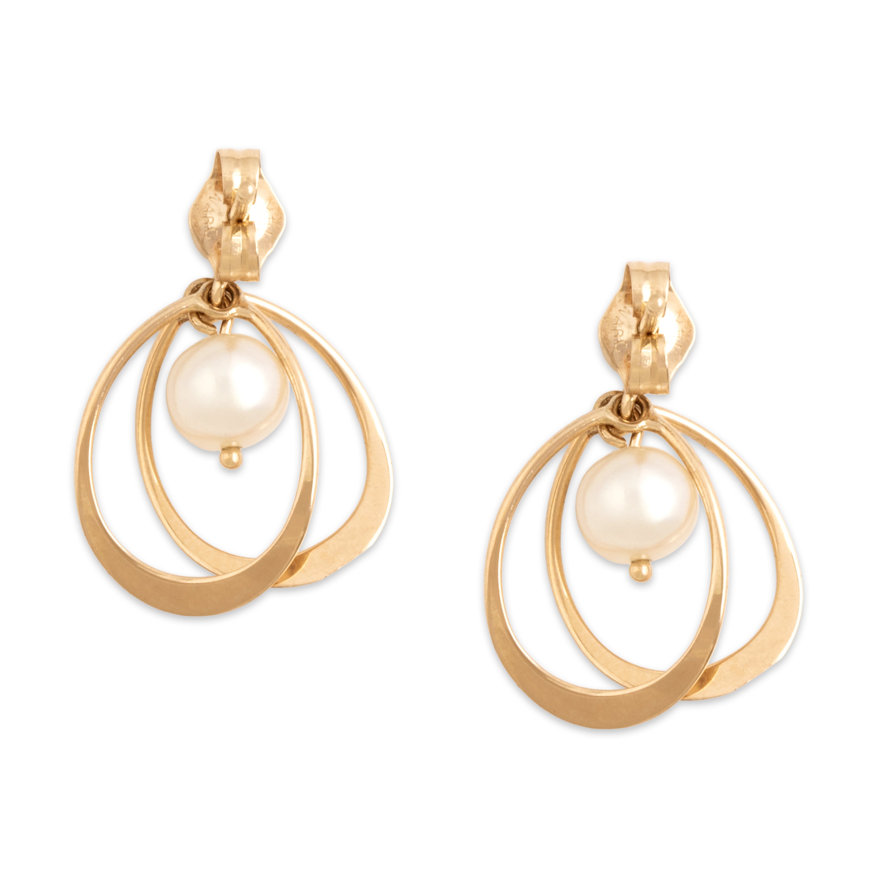 Vintage 14k Yellow Gold Pearl Luminous Curved Loop Dangle Earrings - Back view