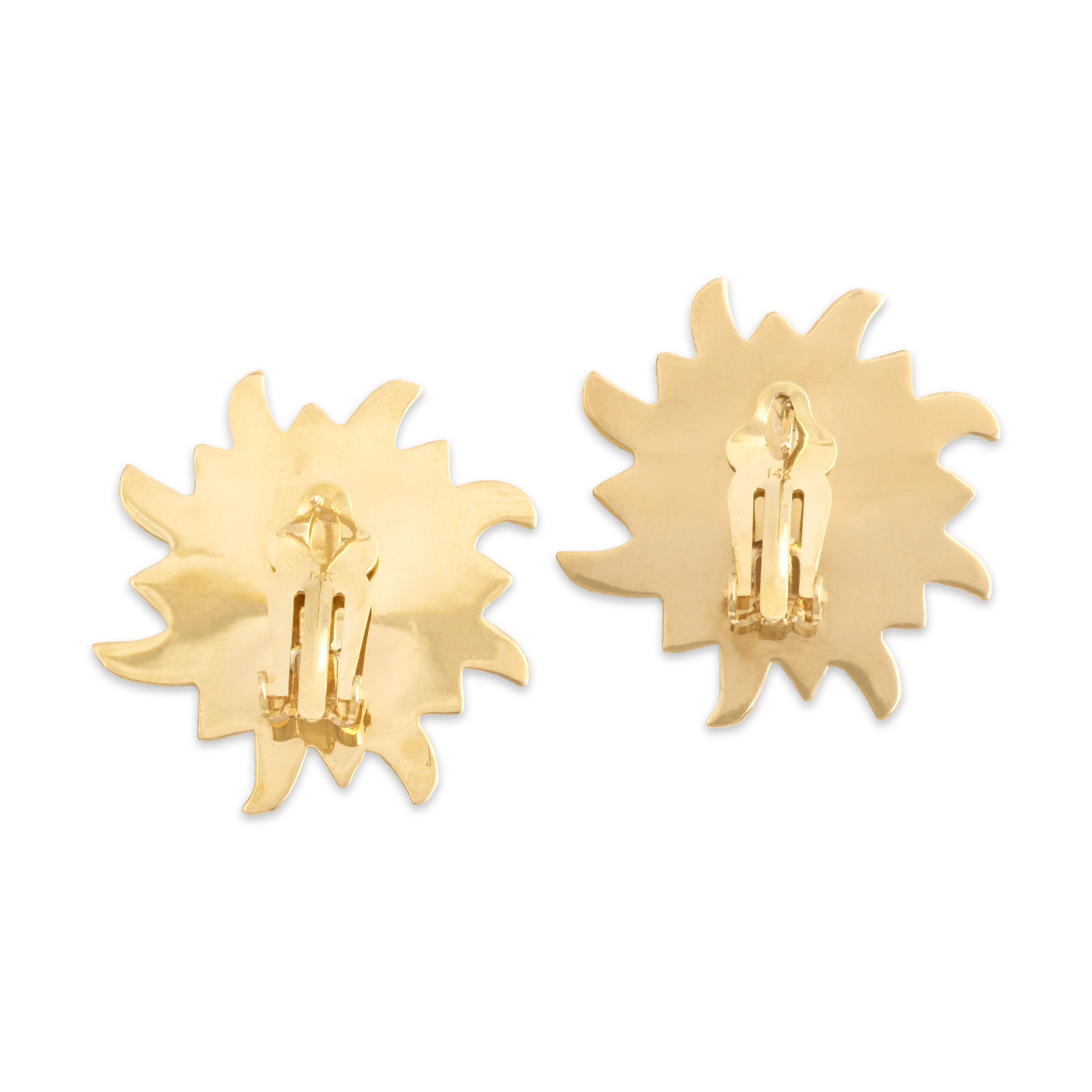 Vintage 14k Yellow Gold Oversized Whimsical Waving Sun Statement Earrings - Back view