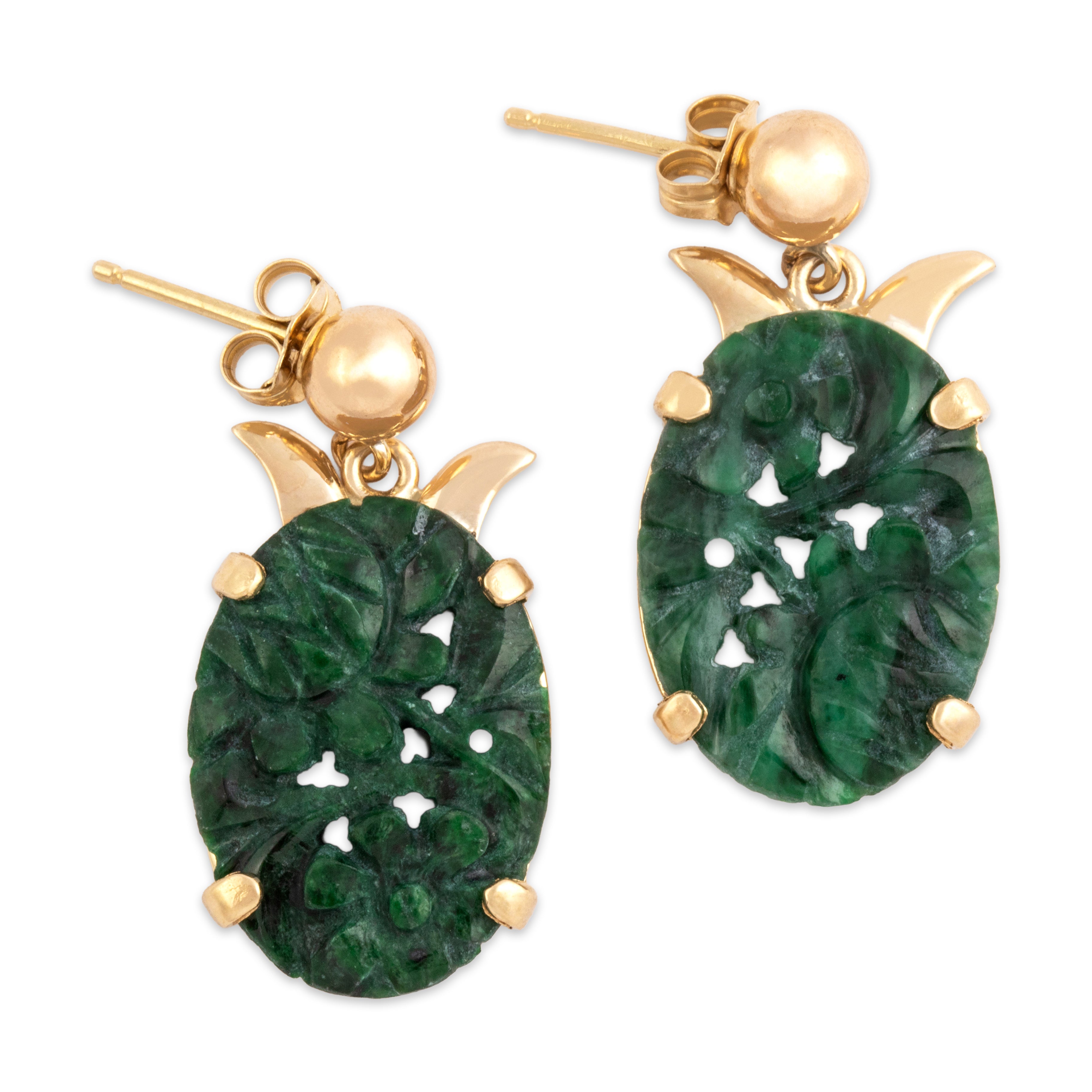 Vintage 14k Yellow Gold Jade Artistic Floral Carved Dangle Earrings - Overall view