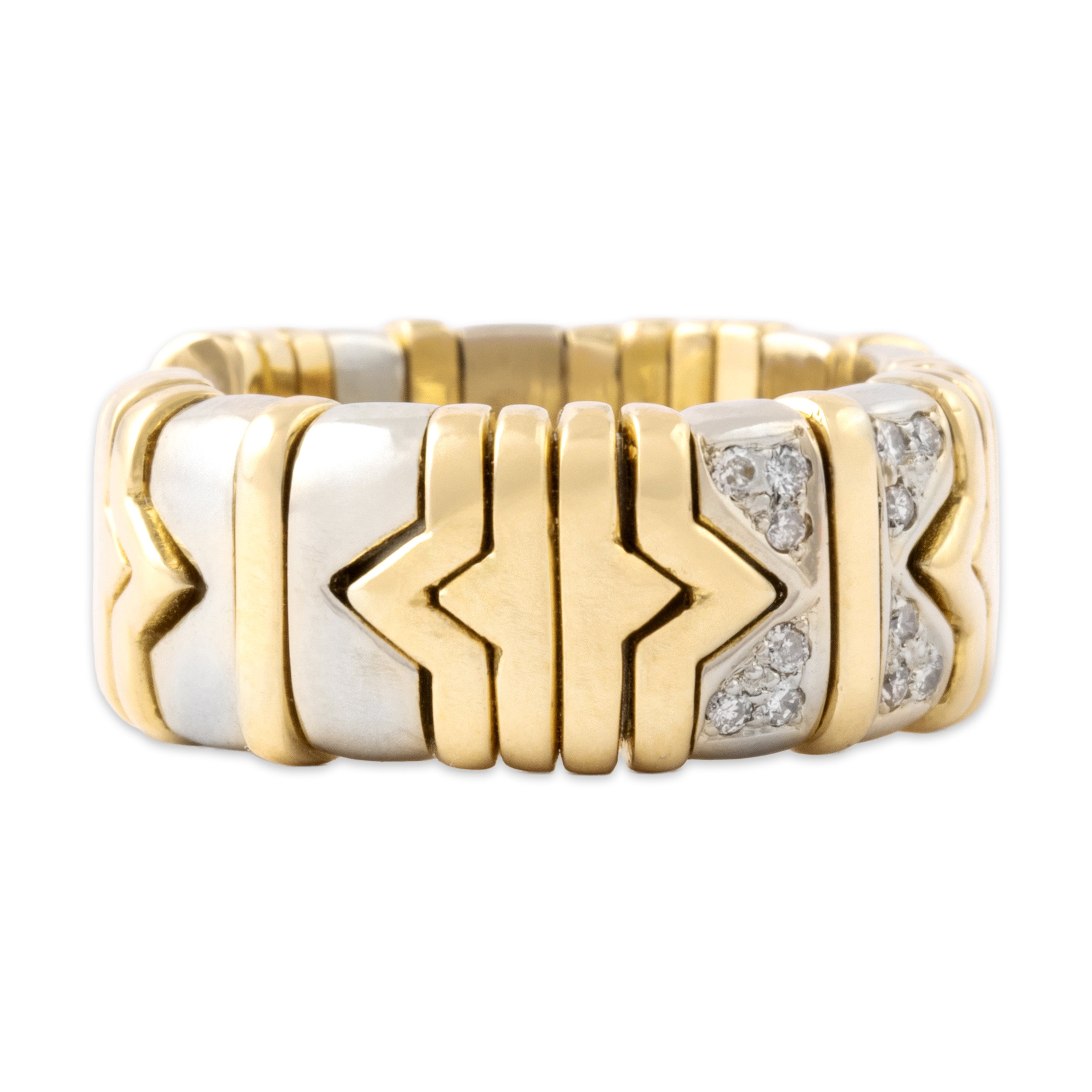 Vintage Heavy 18k Yellow & White Gold Diamond Dimensional Flexible Geometric Open Band Ring - detail view #1
