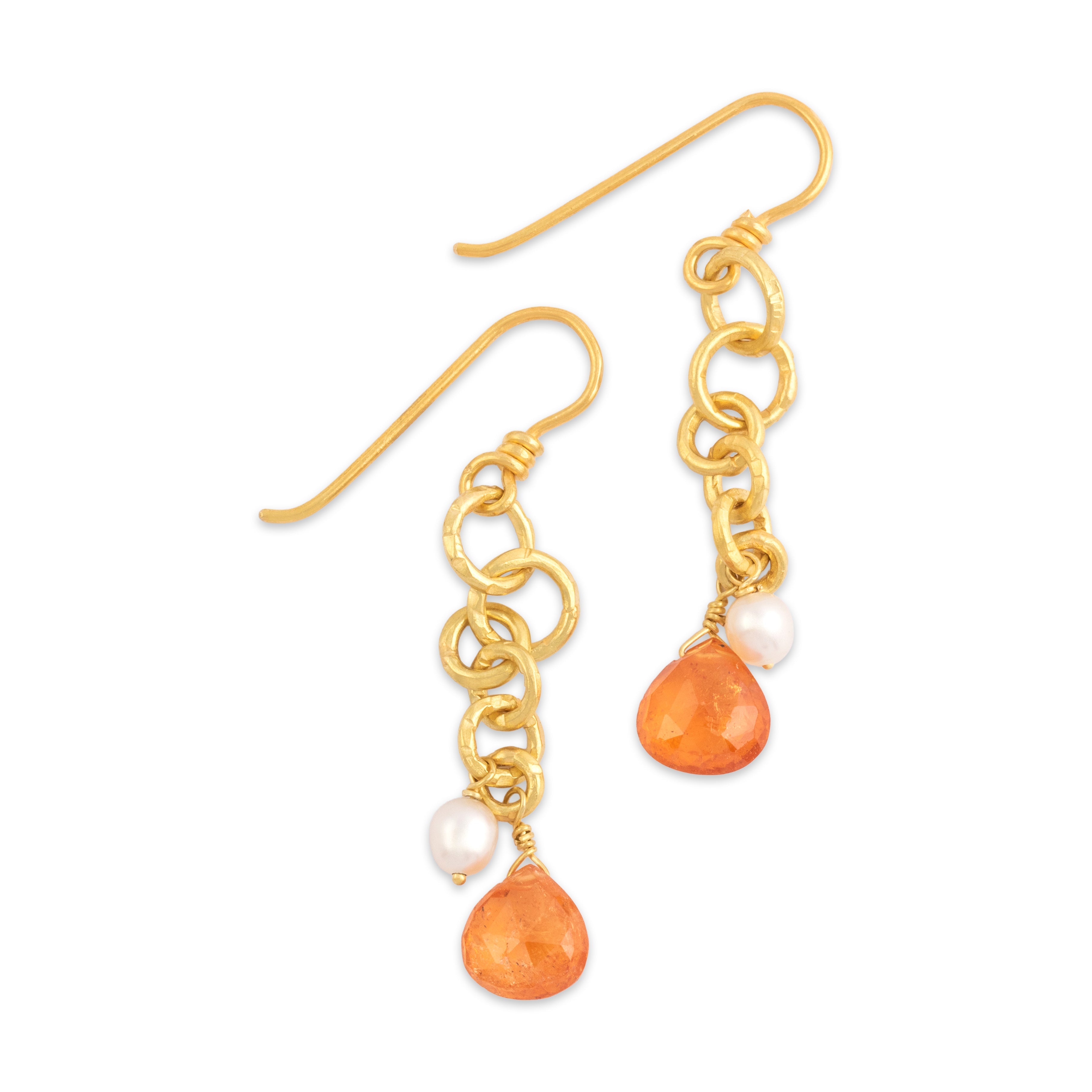 Vintage 18k Yellow Gold 2.49cttw Orange Quartz Seed Pearl Artistic Link Drop Dangle Earrings - Side view