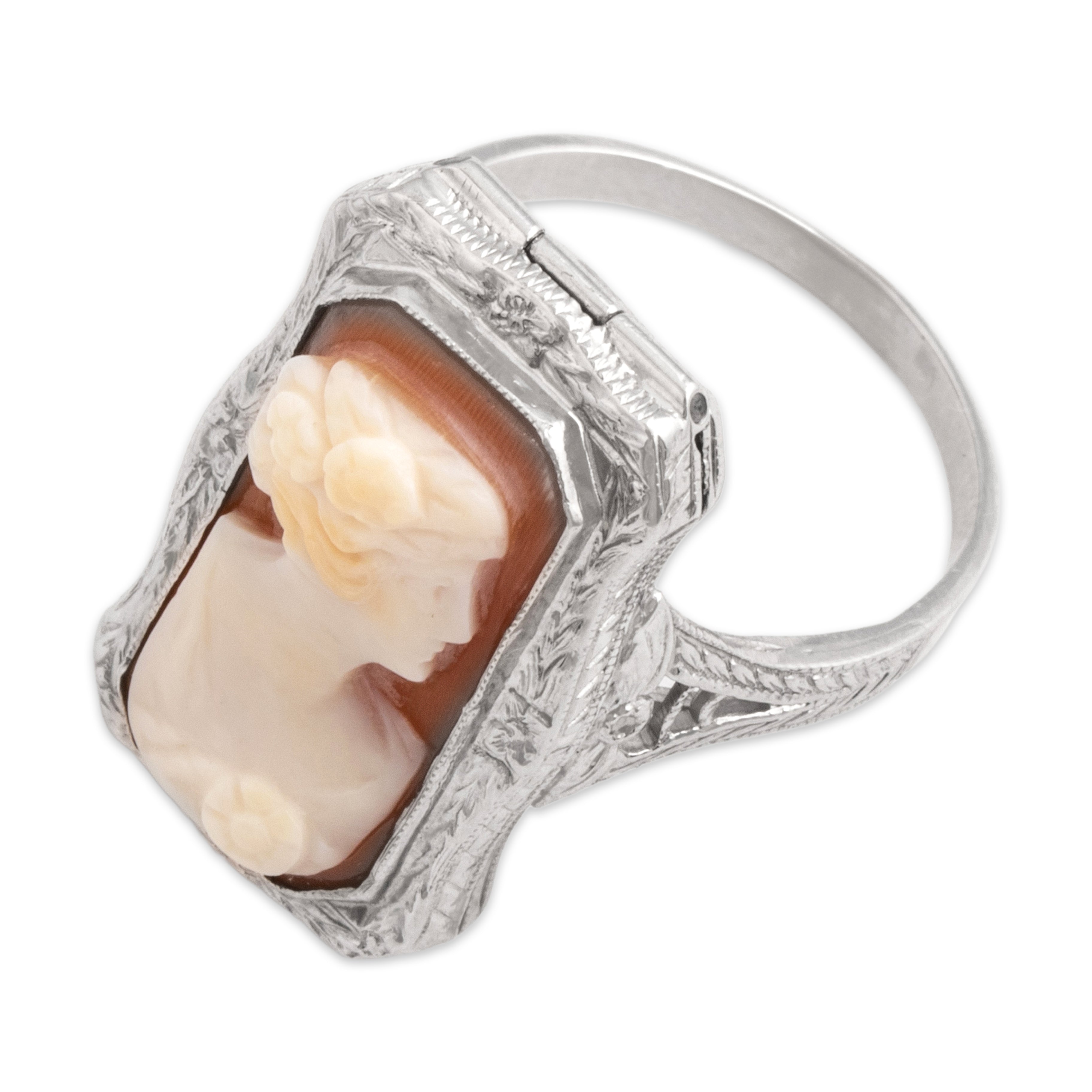 Antique Art Deco 14k White Gold Shell Rare Ornate Elegant Cameo Locket Ring - Overall view