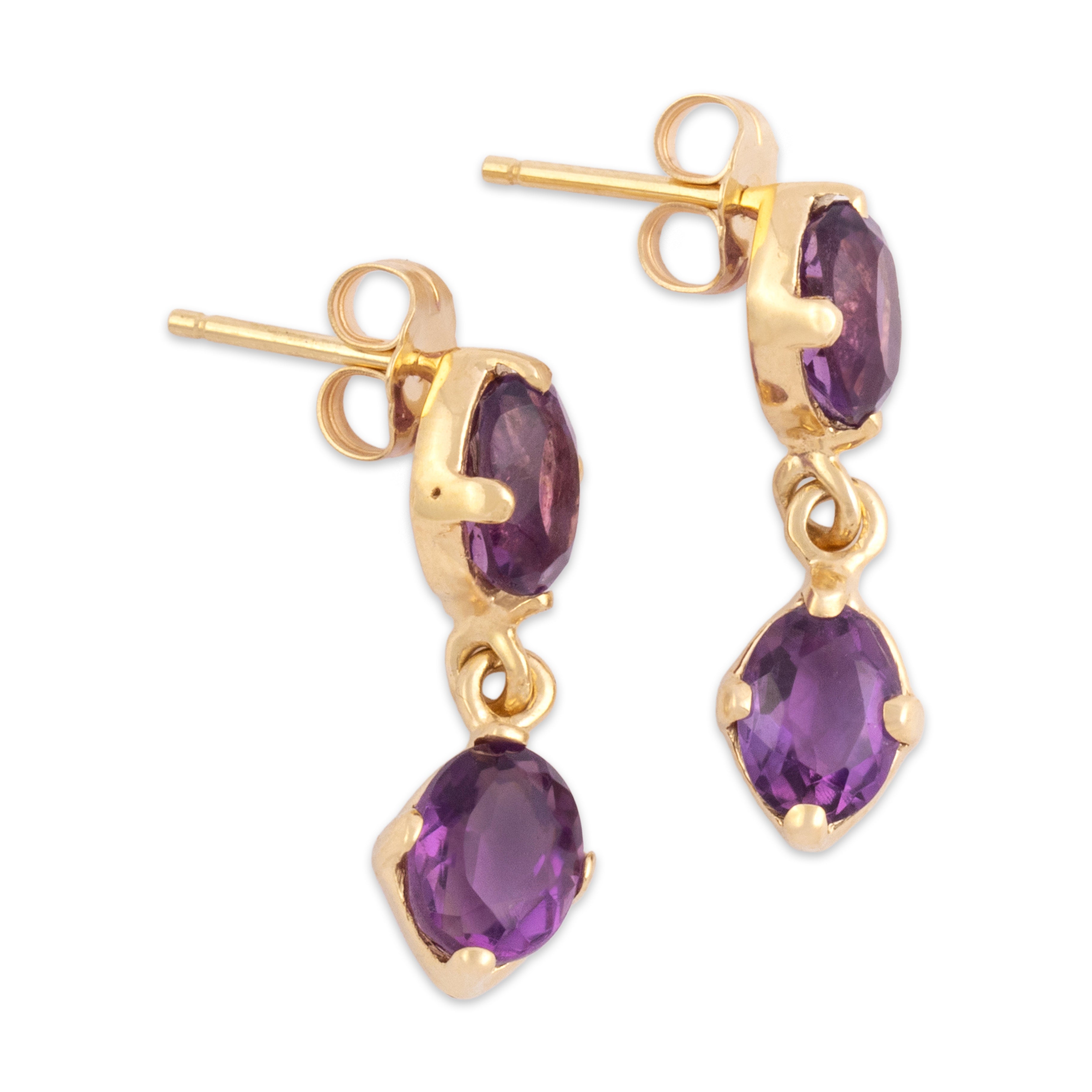 Vintage 14k Yellow Gold 2.52cttw Amethyst Chic Oval Duo Dangle Earrings - Side view