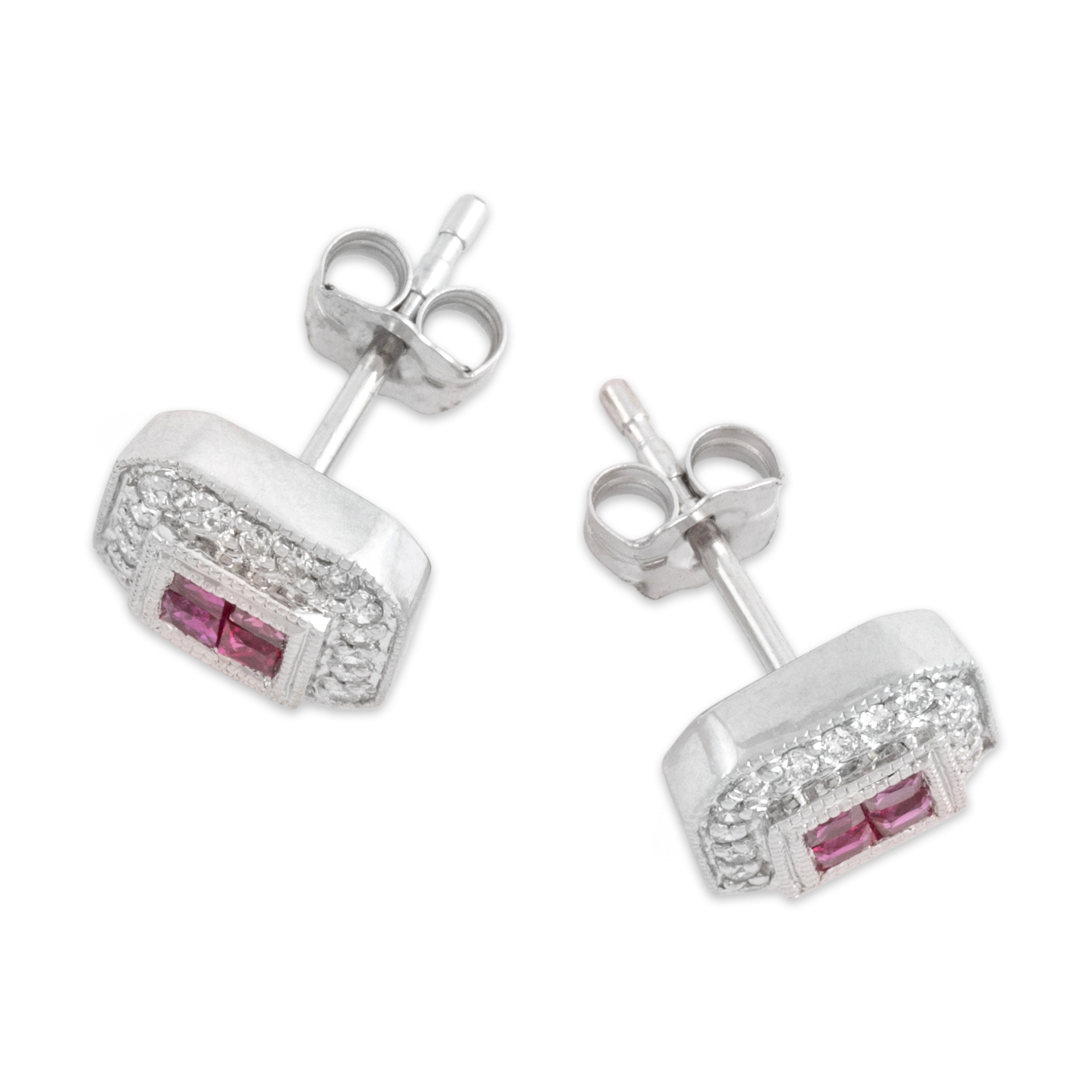Estate 14k White Gold Ruby Diamond Elegant Square Halo Stud Earrings - Overall view