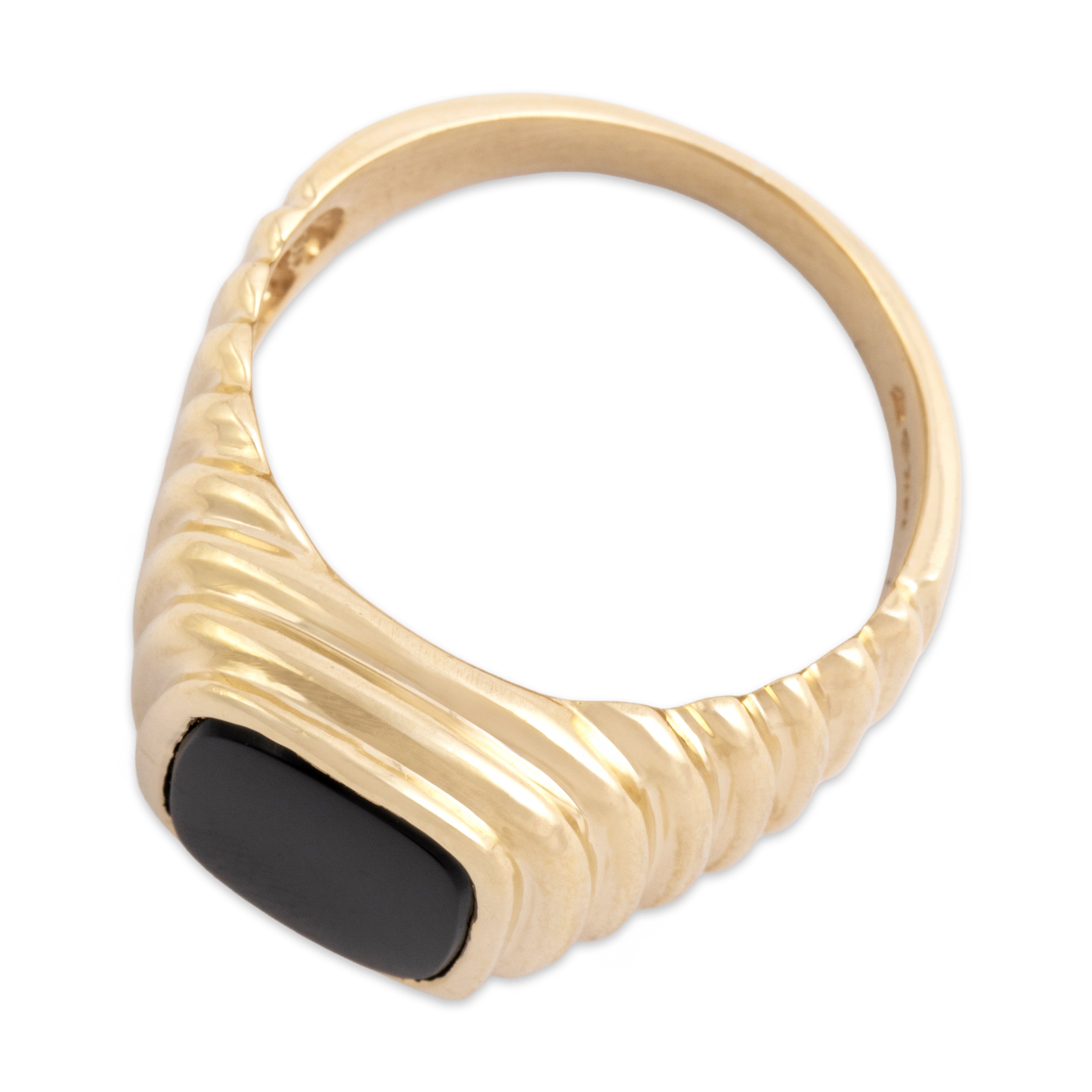 Vintage 14k Yellow Gold 1.56ct Onyx Bold Ribbed Shoulder Signet Ring - Overall view